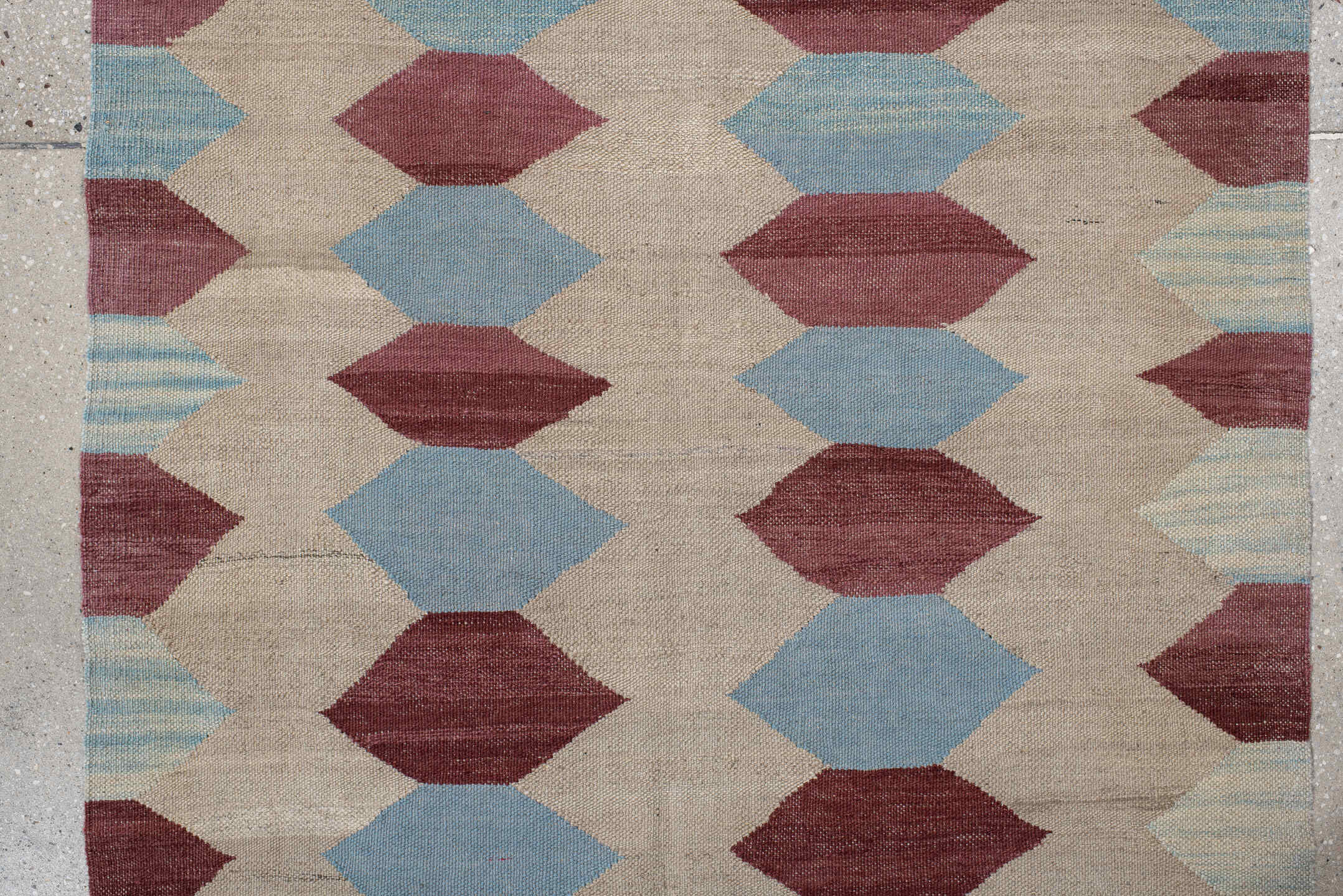 2' x 15' one-of-a-kind handmade vintage Kilim runner rug. Color palette: ivory, burgundy, sky_blue, taupe, light blue, beige