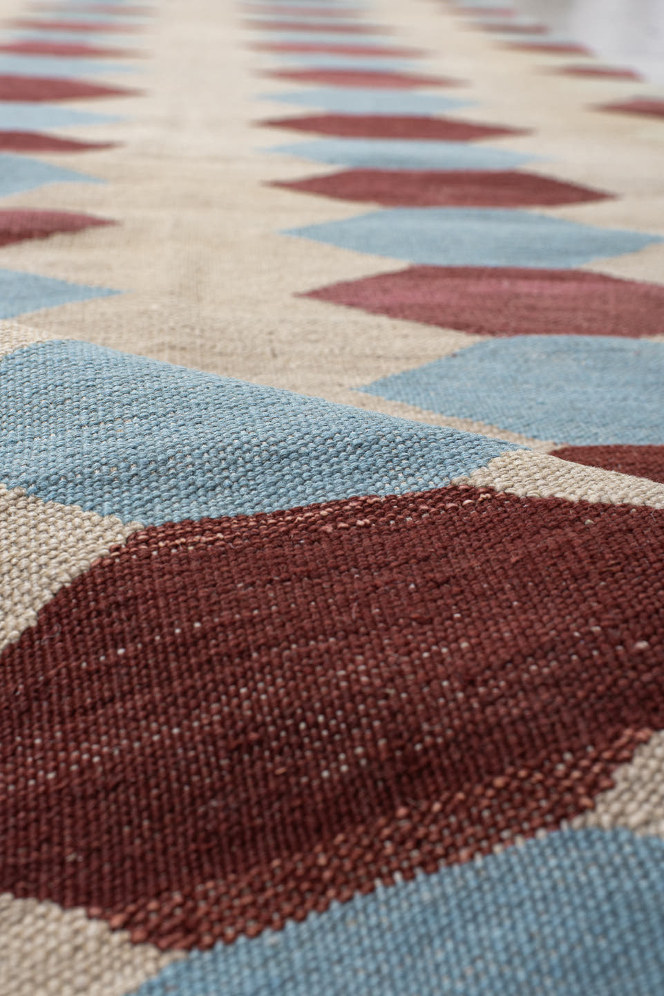 2' x 15' one-of-a-kind handmade vintage Kilim runner rug. Color palette: ivory, burgundy, sky_blue, taupe, light blue, beige