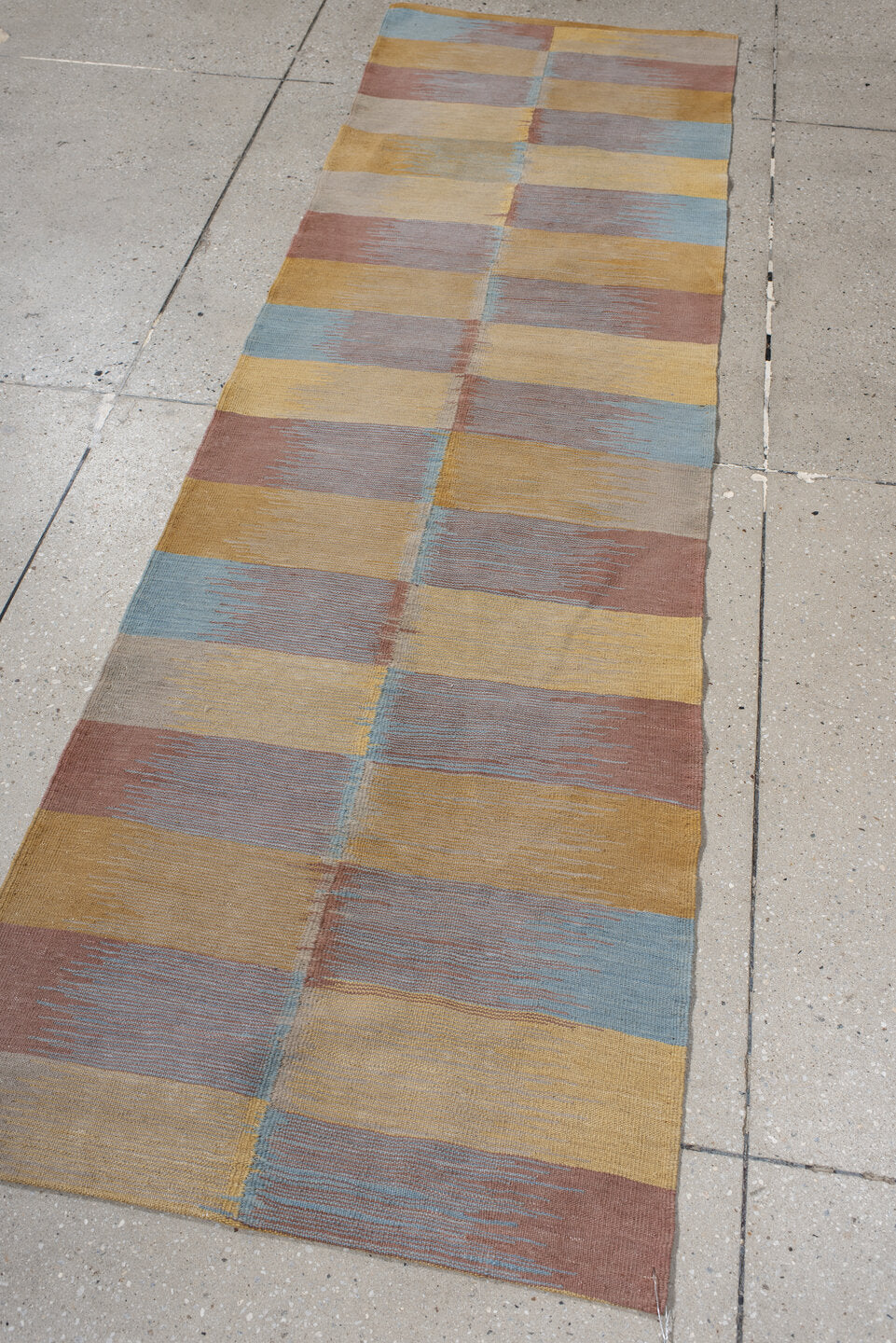 2' x 7' one-of-a-kind handmade vintage Kilim runner rug. Color palette: gold, taupe, rose, sky blue, beige, gray, pink, red