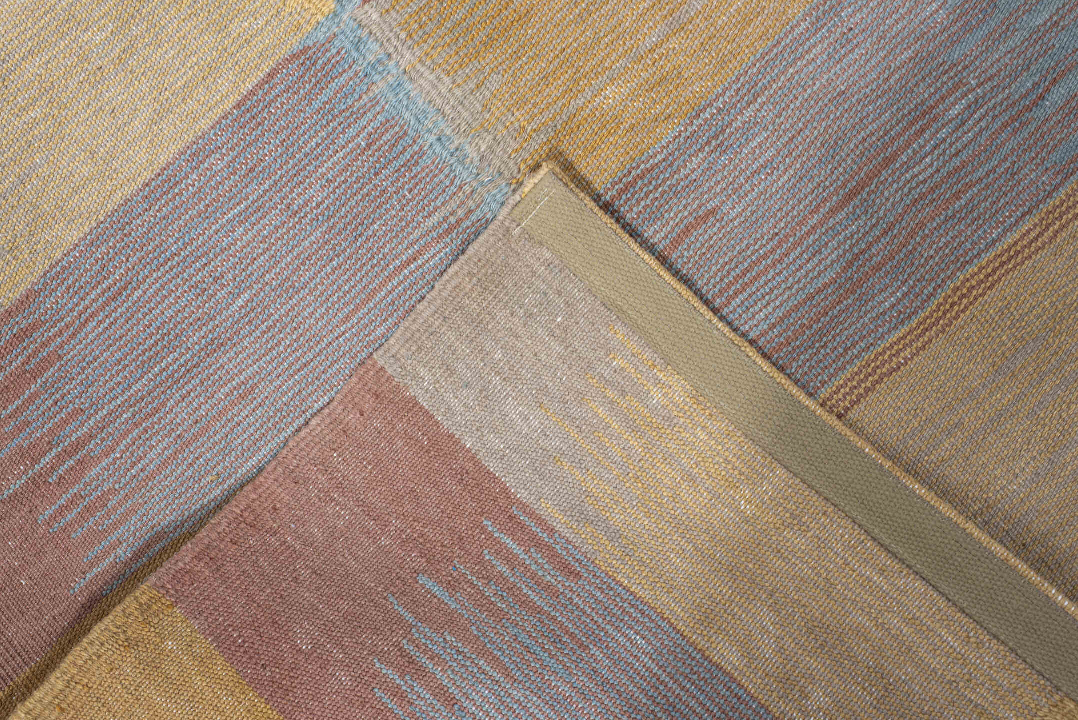 2' x 7' one-of-a-kind handmade vintage Kilim runner rug. Color palette: gold, taupe, rose, sky blue, beige, gray, pink, red