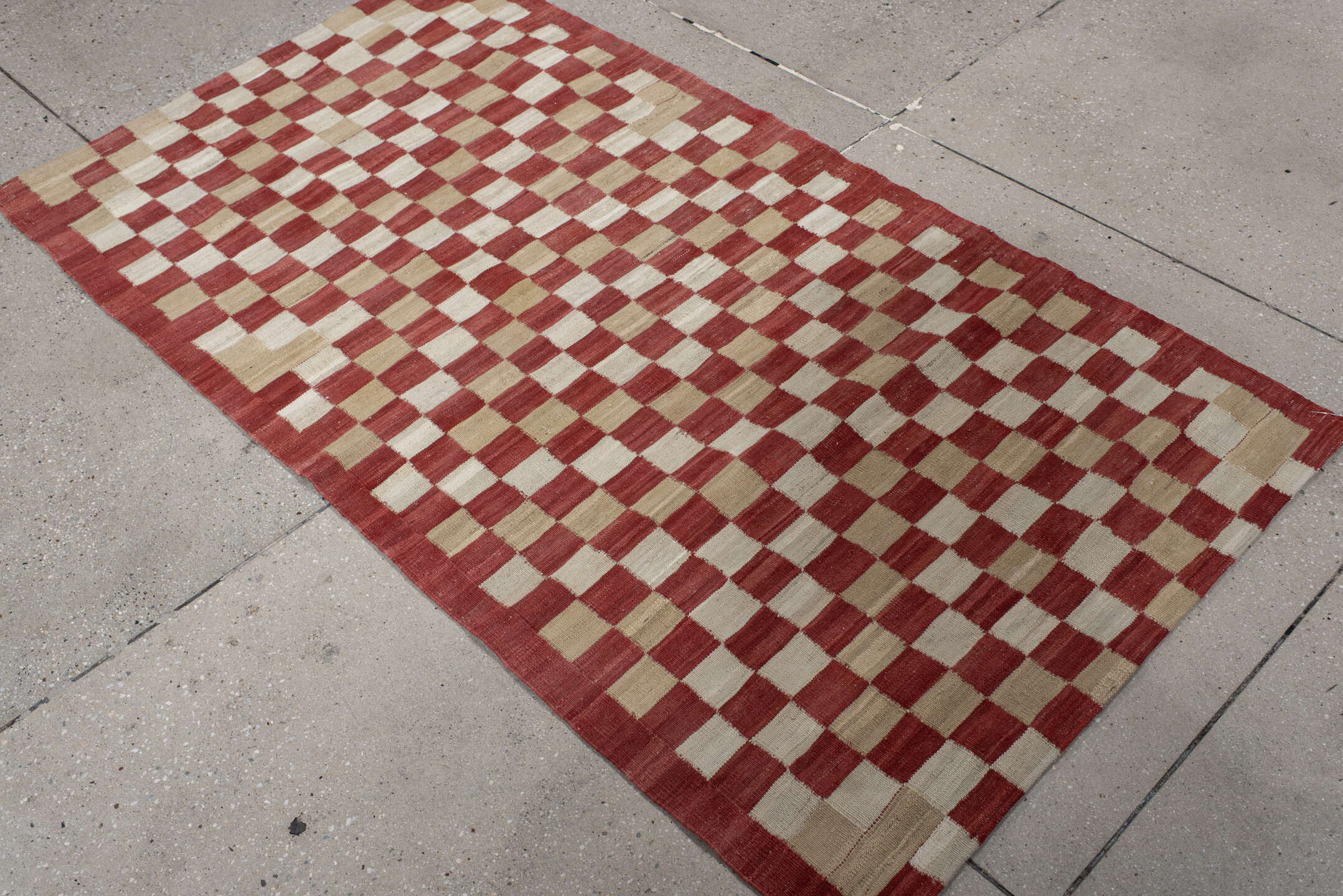 3' x 6' one-of-a-kind handmade vintage Kilim small size rug. Color palette: brown, gray, off-white, orange, pink, red