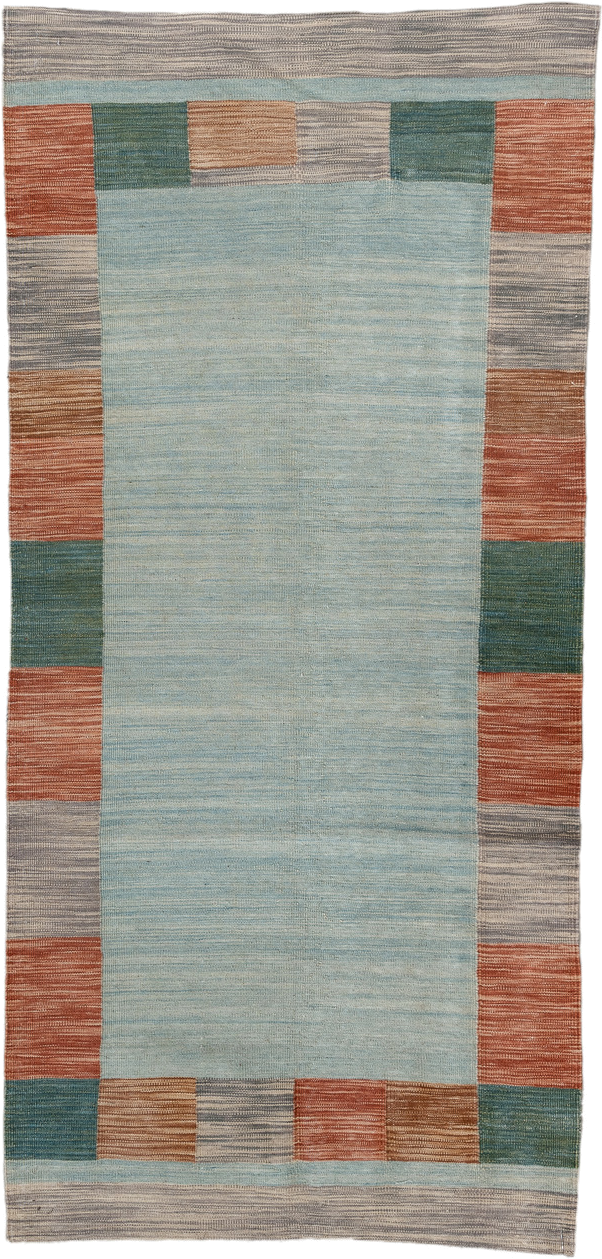 2' x 6' one-of-a-kind handmade vintage Kilim runner rug. Color palette: light blue, rust, gray, sage, taupe, terracotta