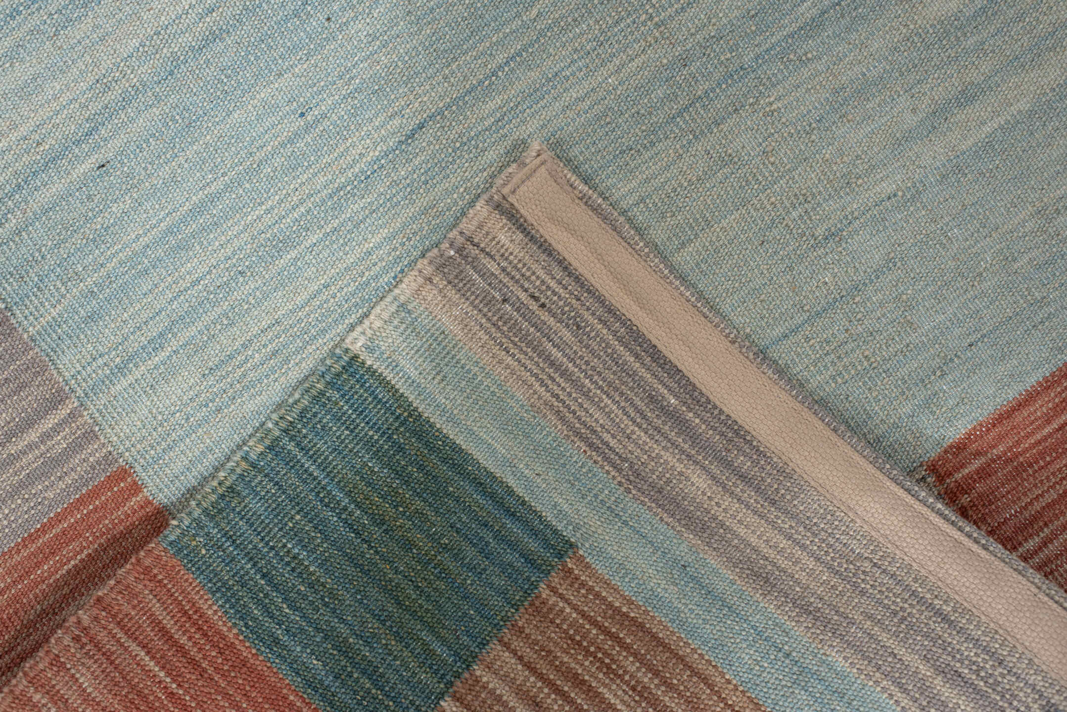 2' x 6' one-of-a-kind handmade vintage Kilim runner rug. Color palette: light blue, rust, gray, sage, taupe, terracotta