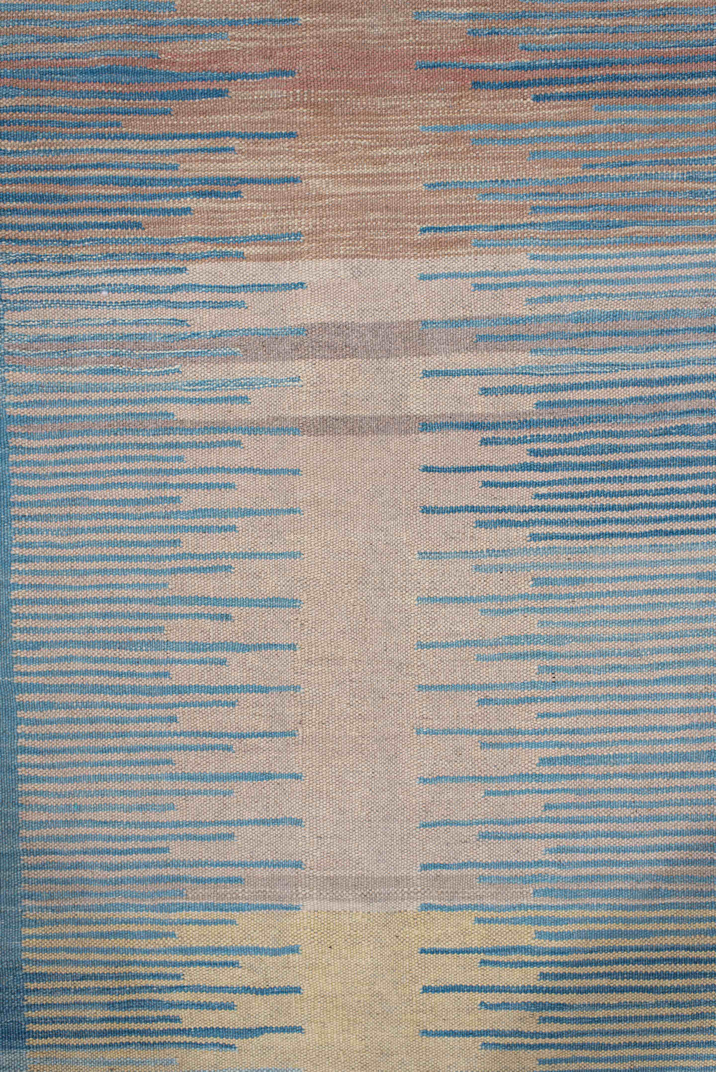 2' x 13' one-of-a-kind handmade vintage Kilim runner rug. Color palette: ivory, sky_blue, slate_blue, taupe, rose