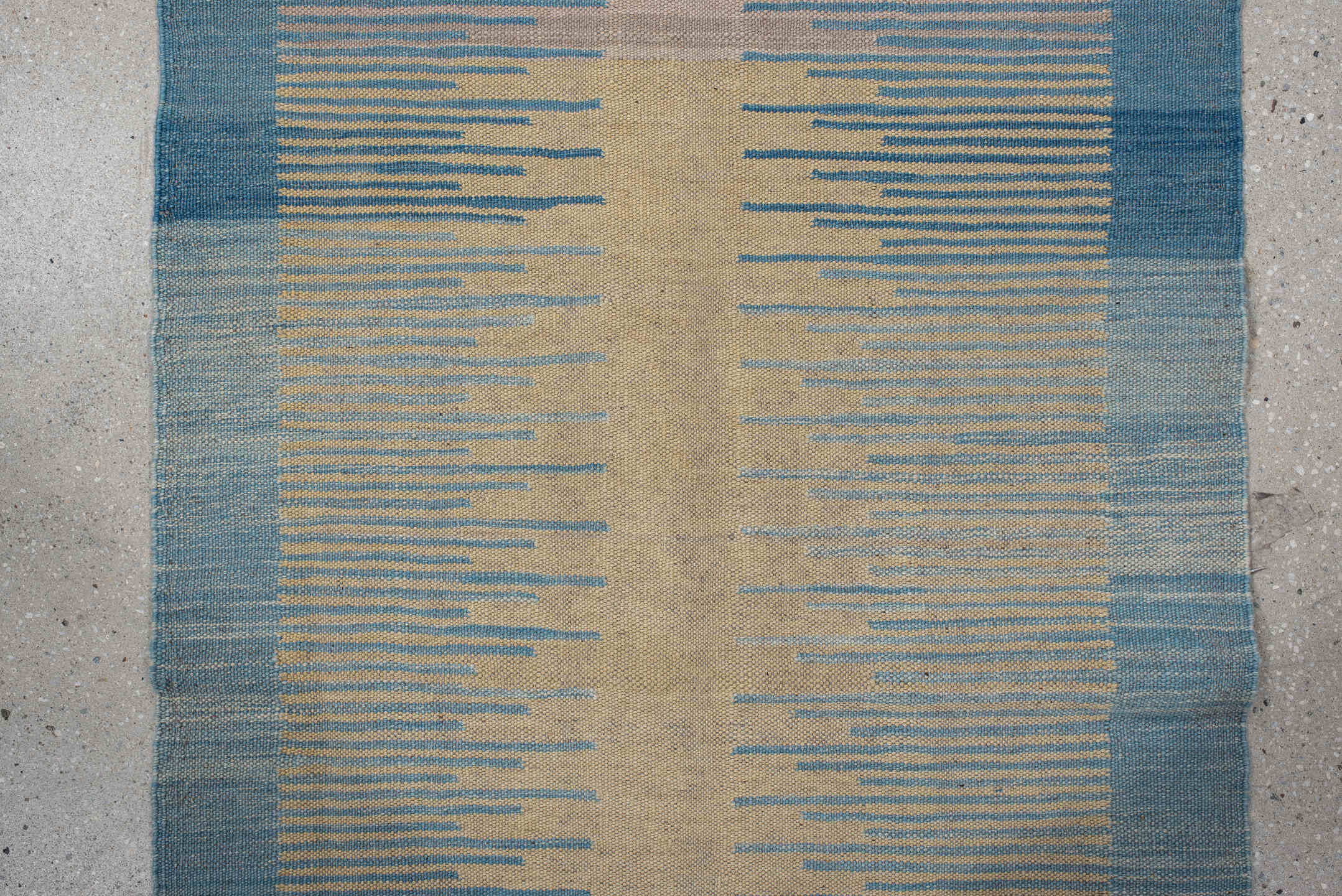2' x 13' one-of-a-kind handmade vintage Kilim runner rug. Color palette: blue, brown, gray, light gray, off-white, pink