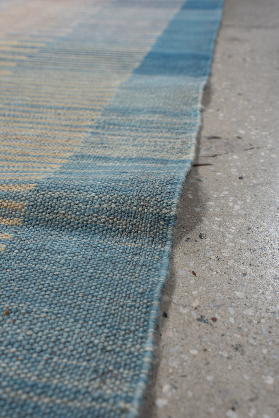 2' x 13' one-of-a-kind handmade vintage Kilim runner rug. Color palette: ivory, sky_blue, slate_blue, taupe, rose