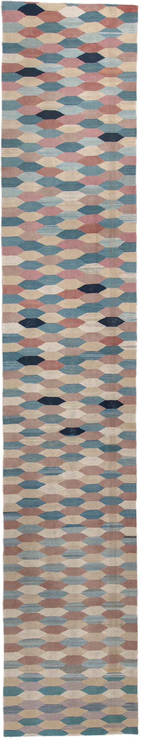 3' x 16' one-of-a-kind handmade vintage Kilim runner rug. Color palette: ivory, sky_blue, rose, taupe, navy, beige