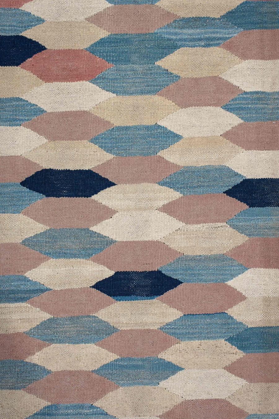 3' x 16' one-of-a-kind handmade vintage Kilim runner rug. Color palette: ivory, sky_blue, rose, taupe, navy, beige