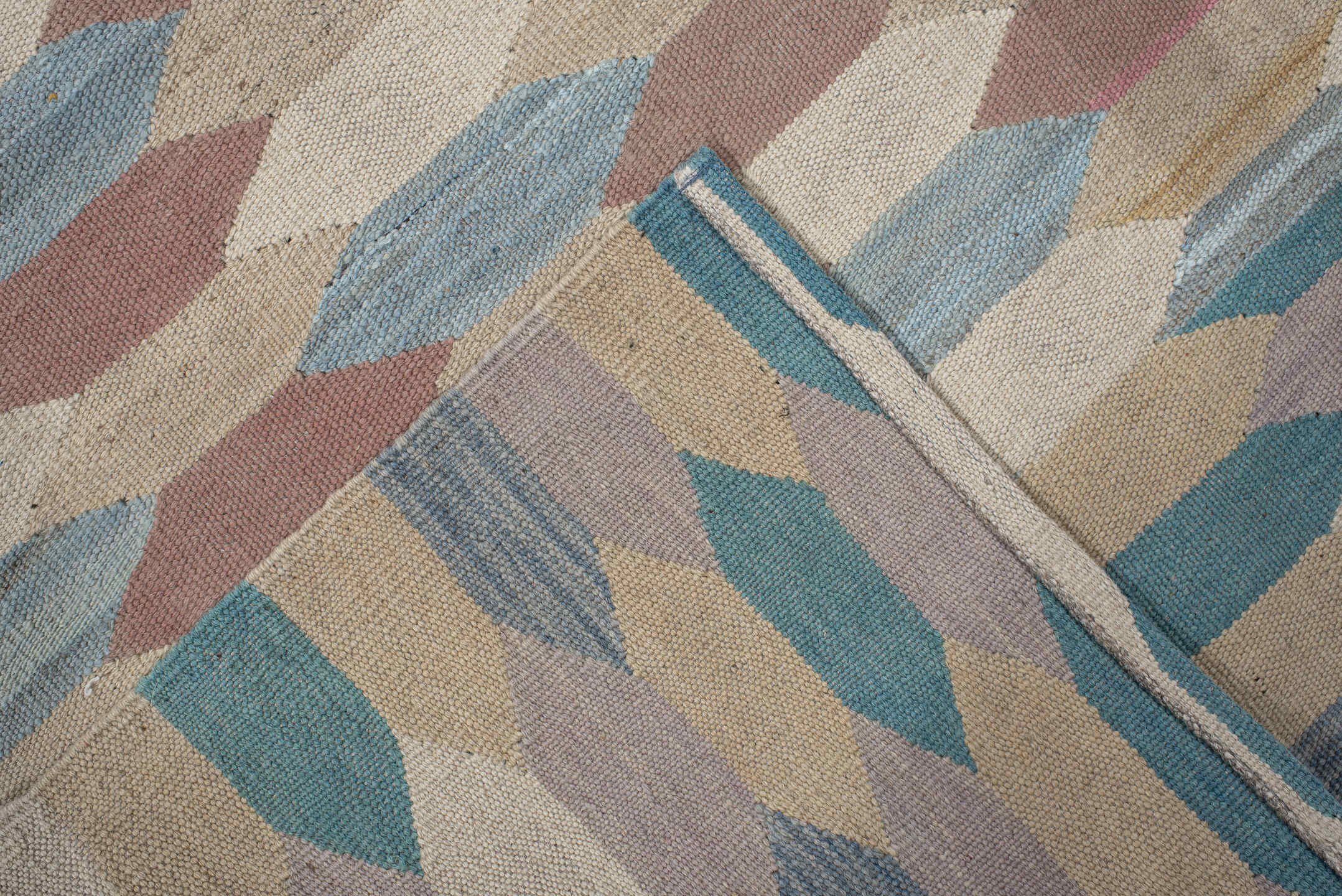 3' x 16' one-of-a-kind handmade vintage Kilim runner rug. Color palette: ivory, sky_blue, rose, taupe, navy, beige