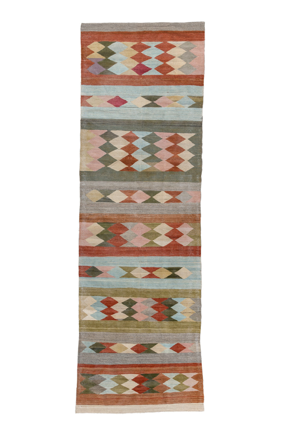 3' x 9' one-of-a-kind handmade vintage Kilim runner rug. Color palette: brown, gray, light gray, off-white, pink, red