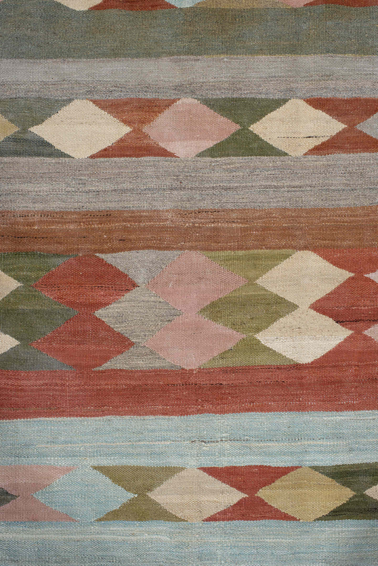 3' x 9' one-of-a-kind handmade vintage Kilim runner rug. Color palette: rust, gray, olive, ivory, sky_blue, blush, taupe