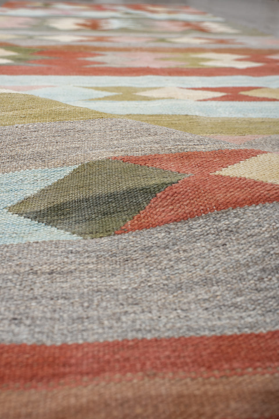 3' x 9' one-of-a-kind handmade vintage Kilim runner rug. Color palette: rust, gray, olive, ivory, sky_blue, blush, taupe