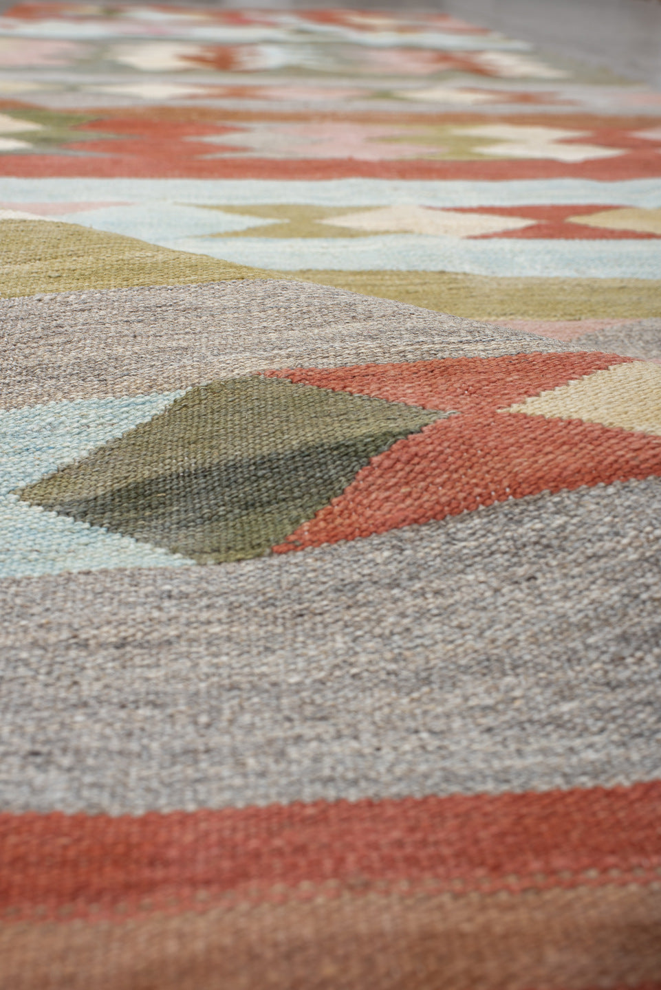3' x 9' one-of-a-kind handmade vintage Kilim runner rug. Color palette: rust, gray, olive, ivory, sky_blue, blush, taupe