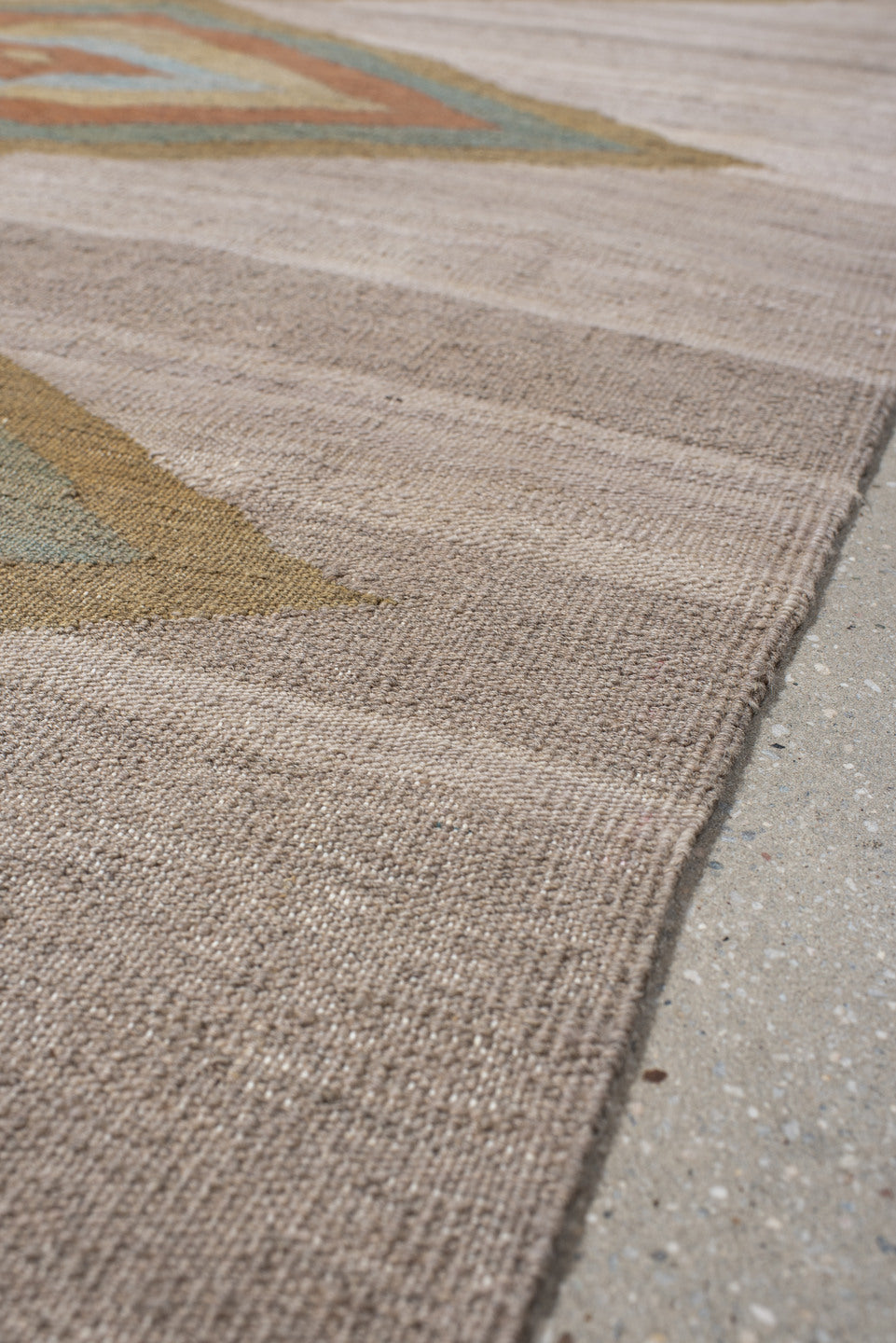 3' x 9' one-of-a-kind handmade vintage Kilim runner rug. Color palette: taupe, camel, sage, terra cotta, ivory, beige, gray
