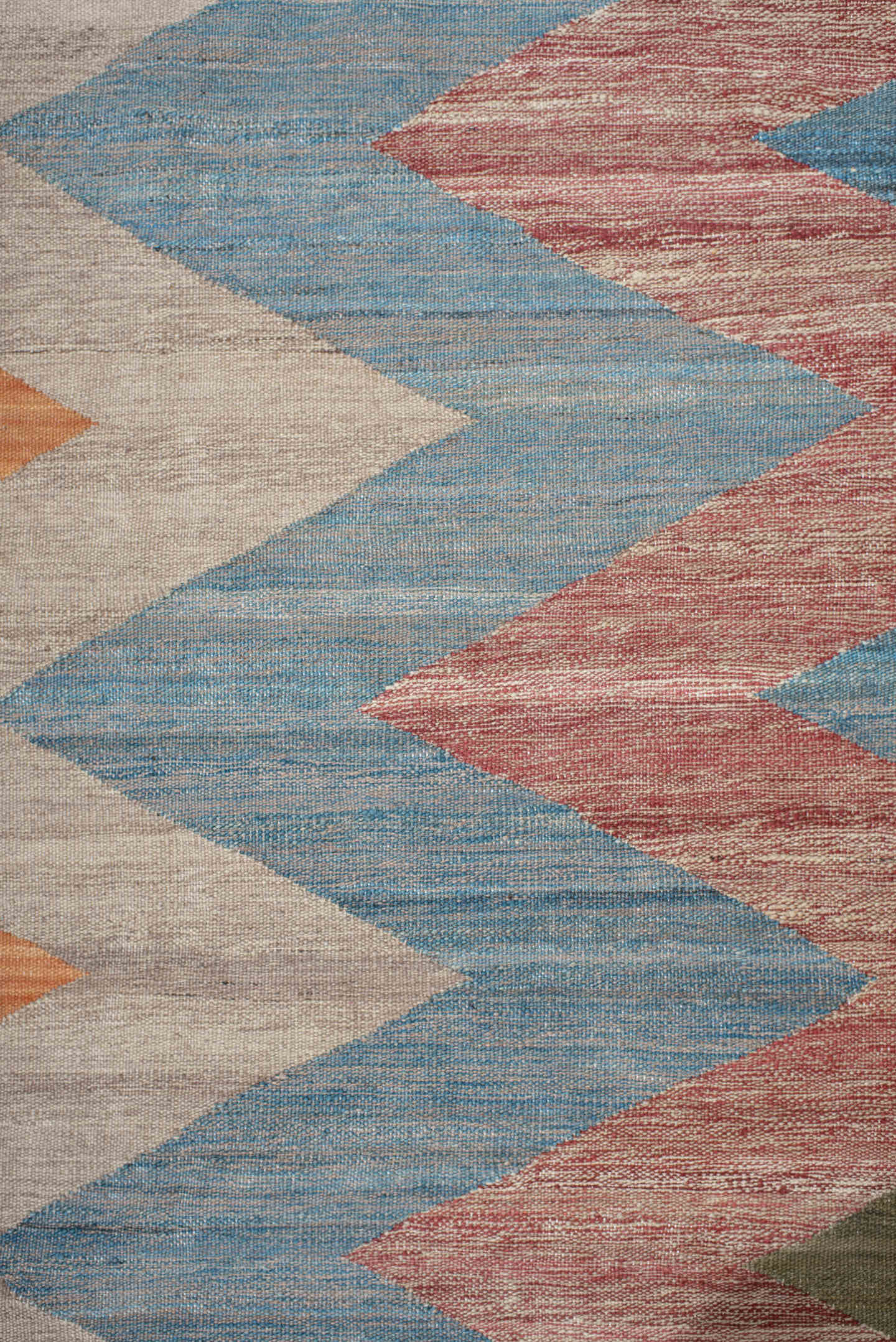 2' x 6' one-of-a-kind handmade vintage Kilim runner rug. Color palette: ivory, sky blue, rust, orange, olive, gray
