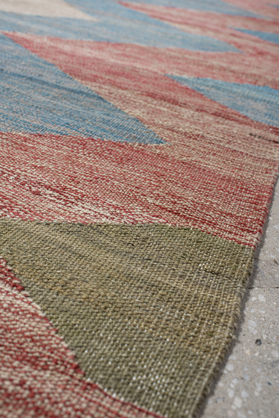 2' x 6' one-of-a-kind handmade vintage Kilim runner rug. Color palette: ivory, sky blue, rust, orange, olive, gray
