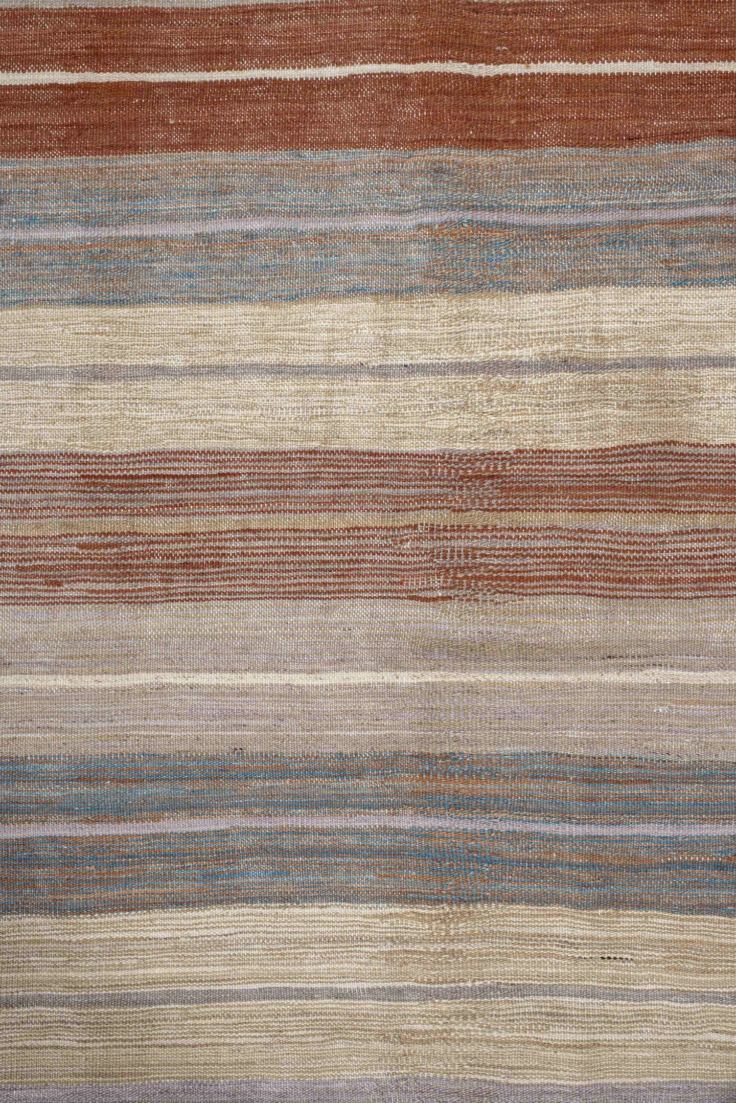 3' x 9' one-of-a-kind handmade vintage Kilim runner rug. Color palette: ivory, taupe, rust, pale blue, beige, camel