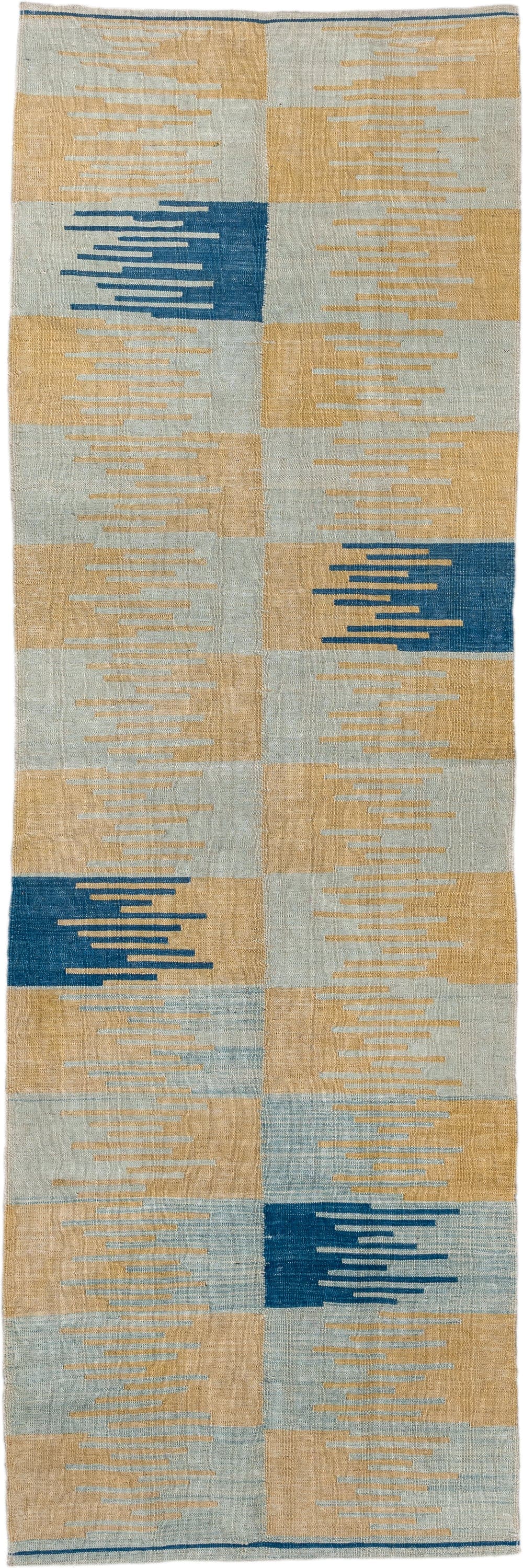2' x 8' one-of-a-kind handmade vintage Kilim runner rug. Color palette: camel, pale blue, indigo, ivory, beige, light blue
