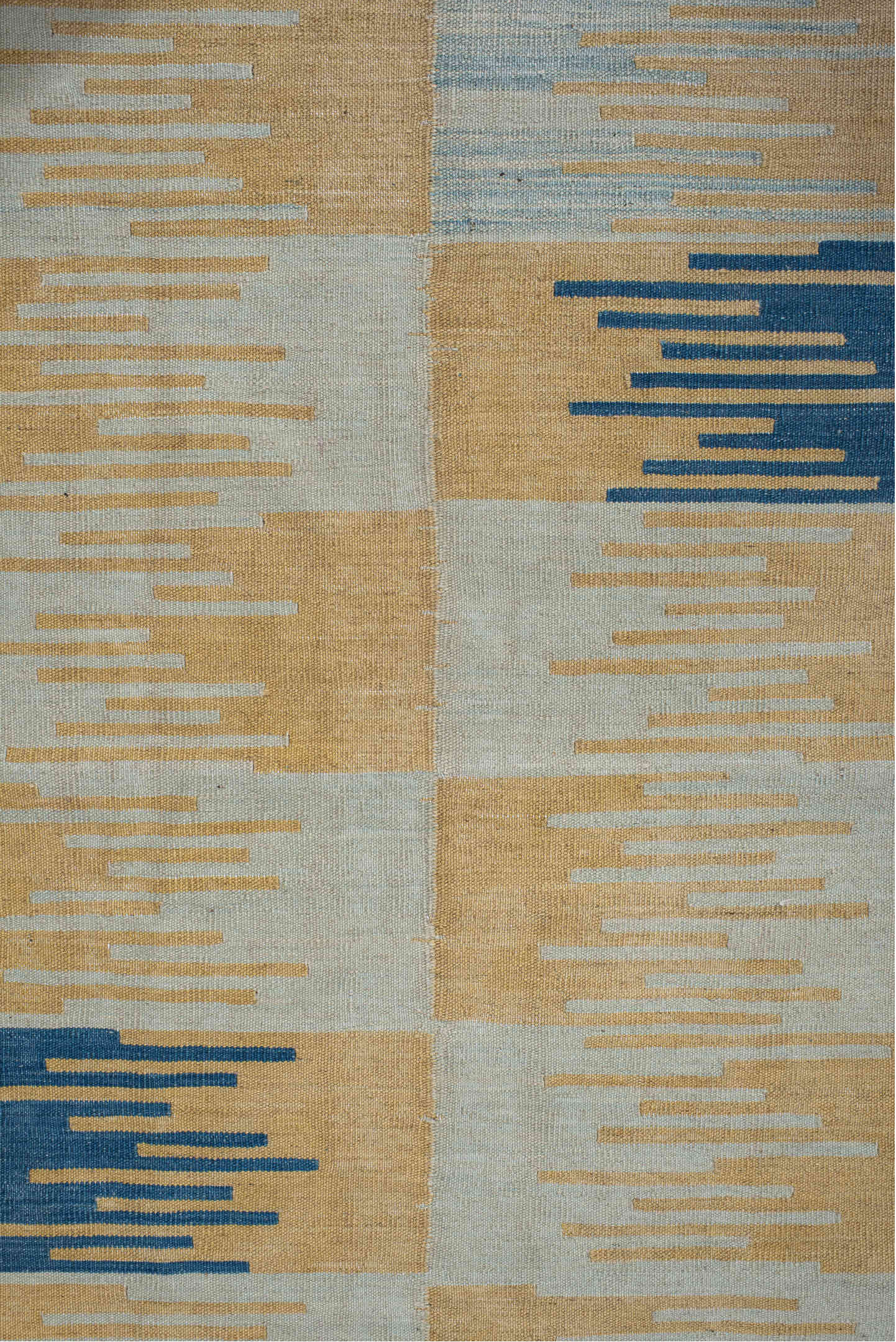 2' x 8' one-of-a-kind handmade vintage Kilim runner rug. Color palette: camel, pale blue, indigo, ivory, beige, light blue