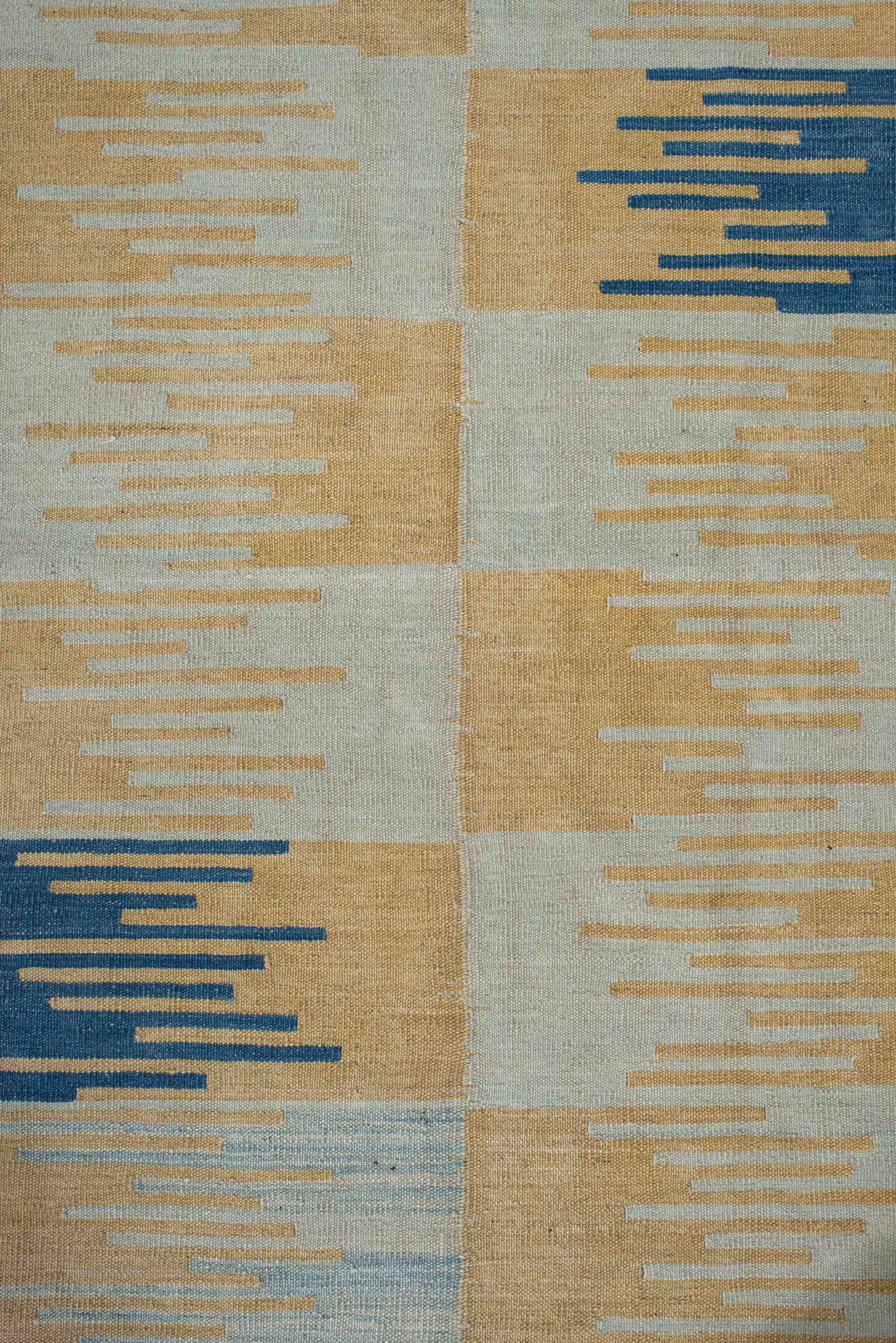 2' x 8' one-of-a-kind handmade vintage Kilim runner rug. Color palette: camel, pale blue, indigo, ivory, beige, light blue