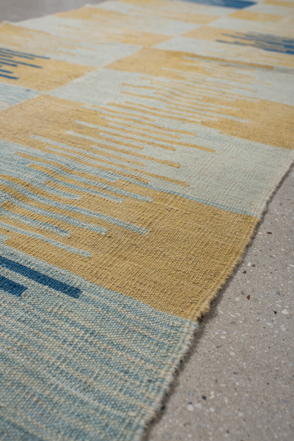 2' x 8' one-of-a-kind handmade vintage Kilim runner rug. Color palette: camel, pale blue, indigo, ivory, beige, light blue