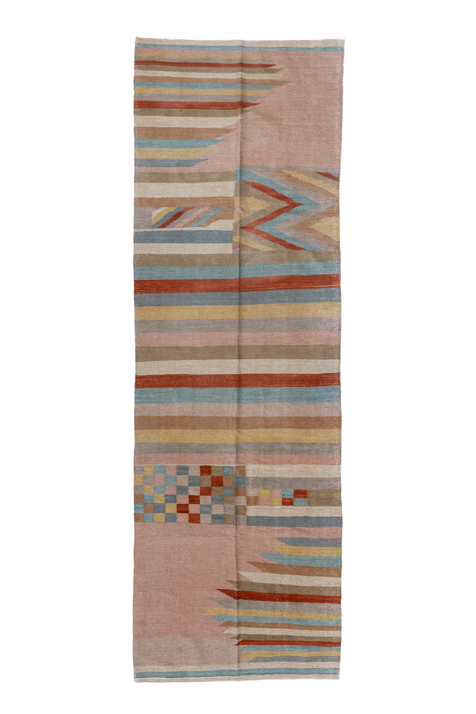 3' x 10' one-of-a-kind handmade vintage Kilim runner rug. Color palette: brown, gray, pink, red, dim gray