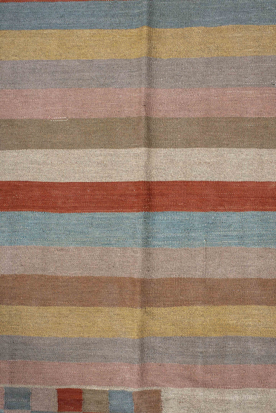 3' x 10' one-of-a-kind handmade vintage Kilim runner rug. Color palette: blush, taupe, sky_blue, rust, ivory, gold, camel