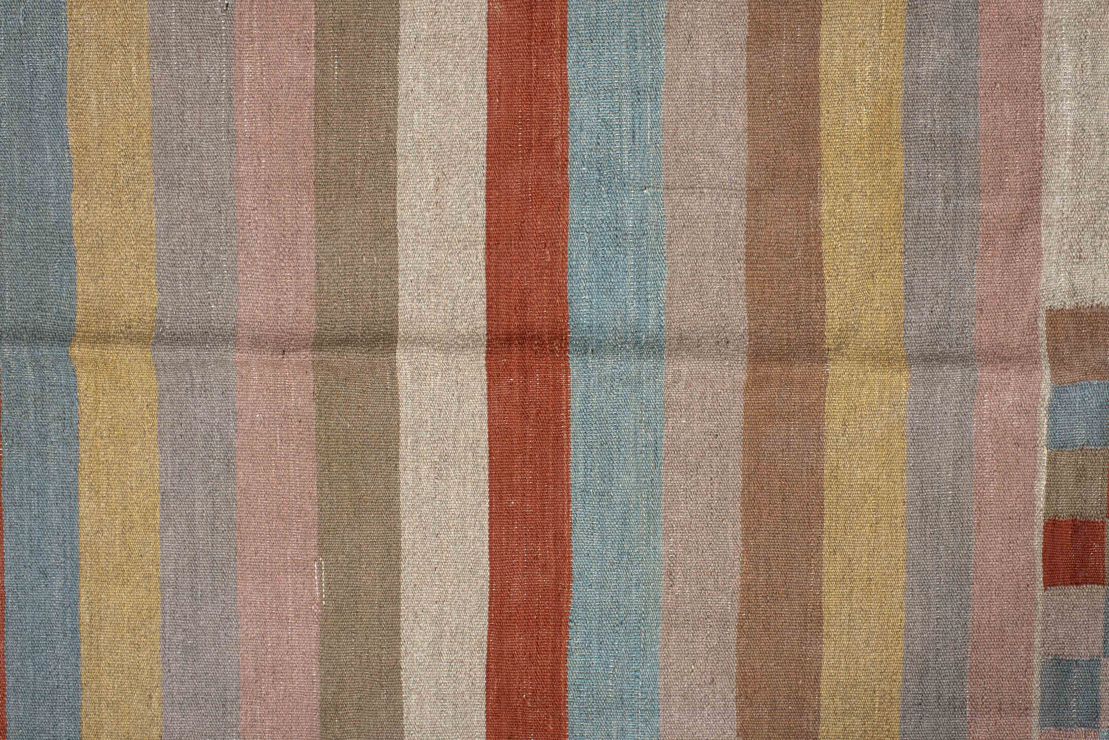 3' x 10' one-of-a-kind handmade vintage Kilim runner rug. Color palette: brown, gray, pink, red, dim gray