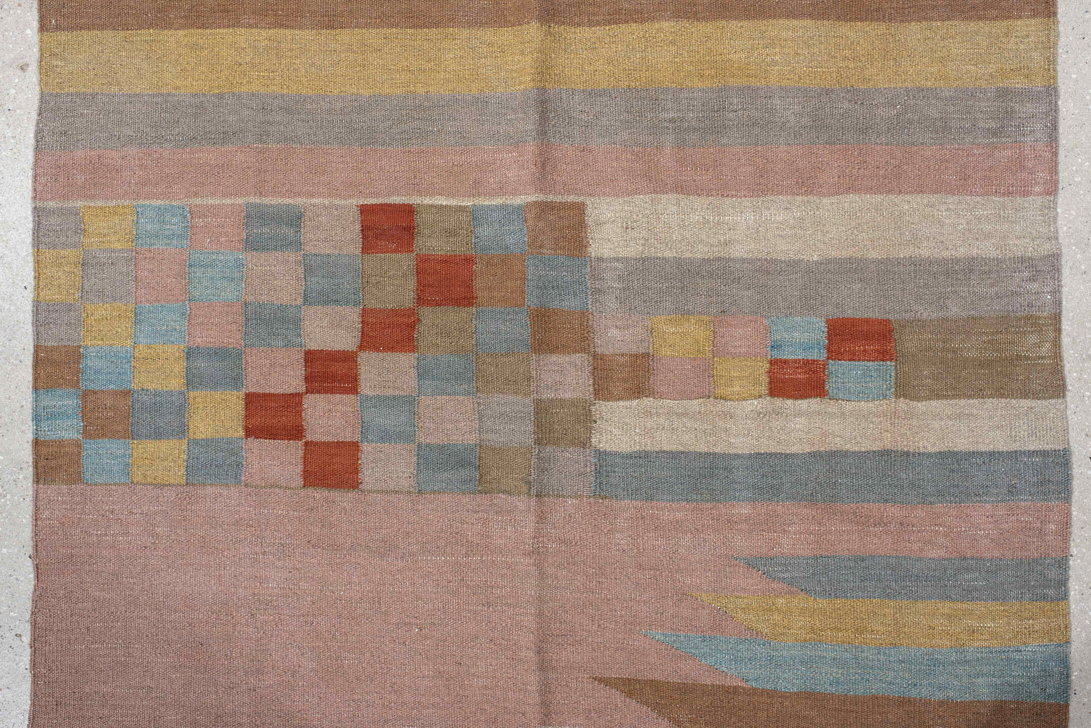 3' x 10' one-of-a-kind handmade vintage Kilim runner rug. Color palette: brown, dim gray, gray, pink, red
