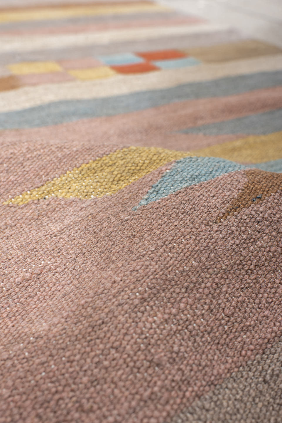 3' x 10' one-of-a-kind handmade vintage Kilim runner rug. Color palette: blush, taupe, sky_blue, rust, ivory, gold, camel