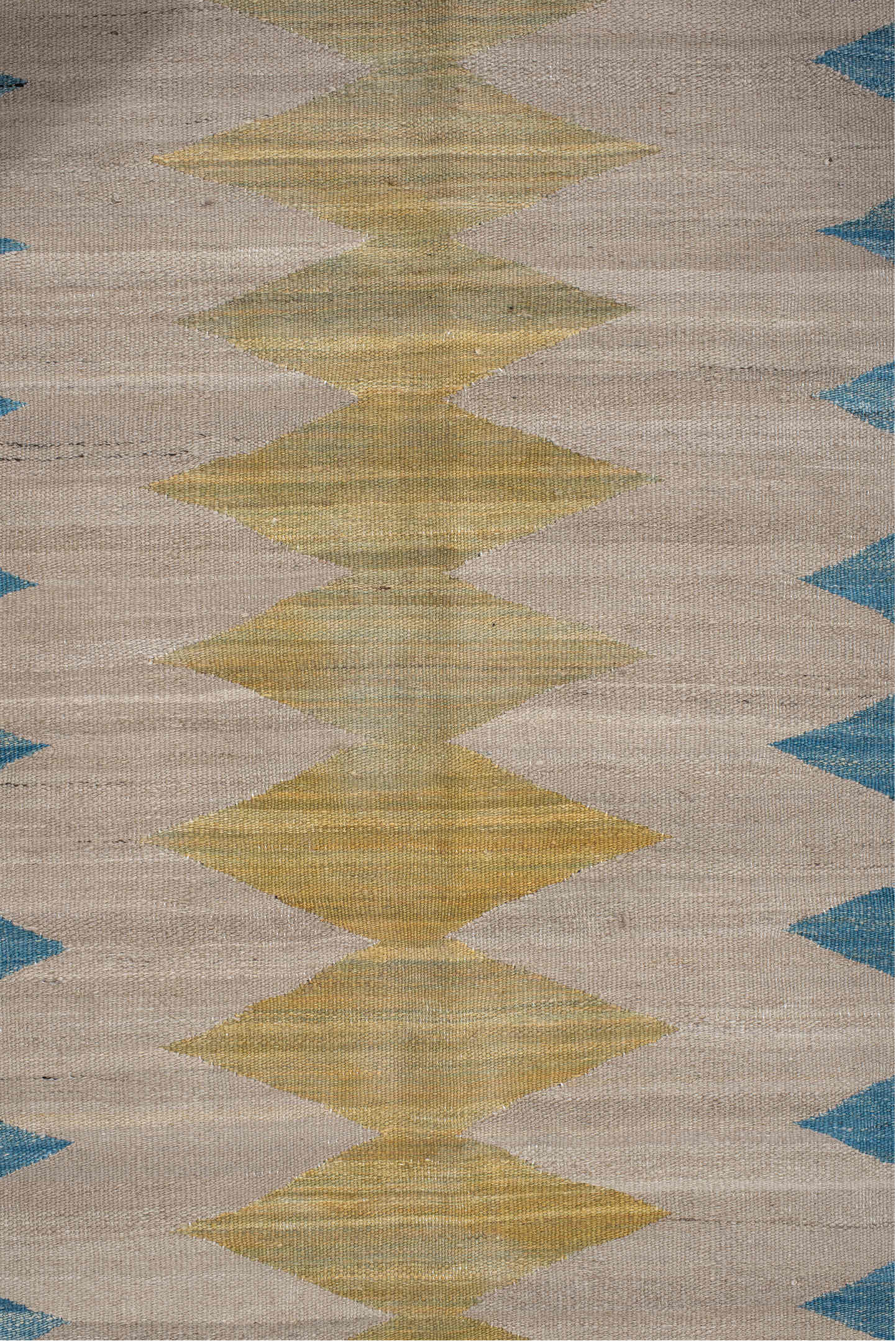2' x 9' one-of-a-kind handmade vintage Kilim runner rug. Color palette: ivory, sky blue, gold, taupe, brown, light blue