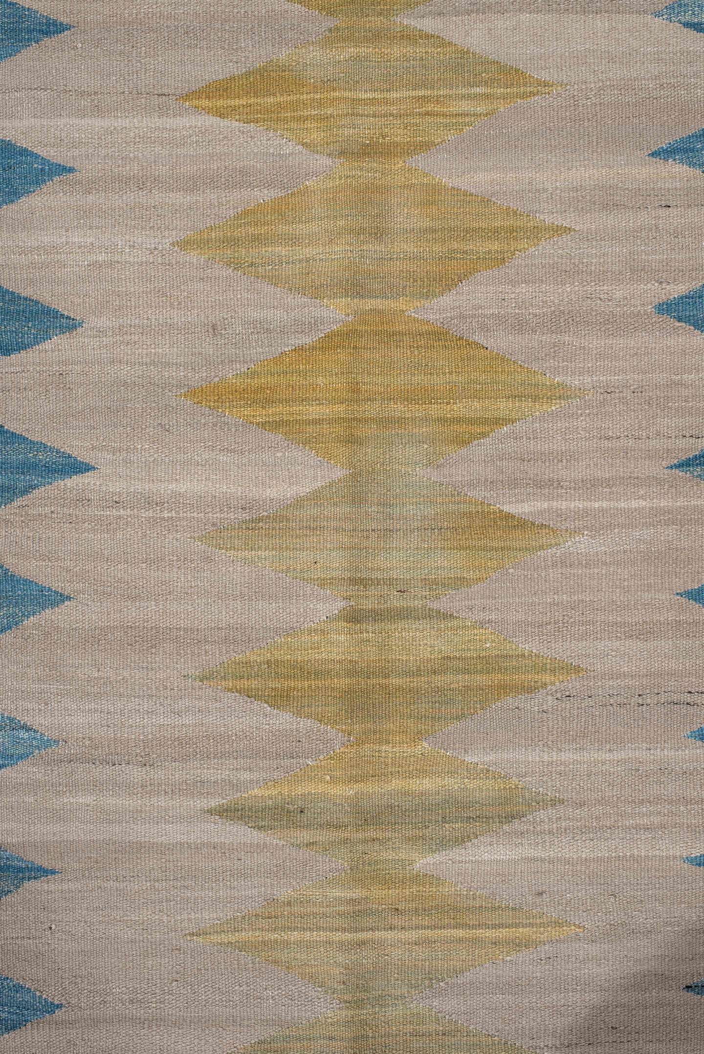 2' x 9' one-of-a-kind handmade vintage Kilim runner rug. Color palette: ivory, sky blue, gold, taupe, brown, light blue