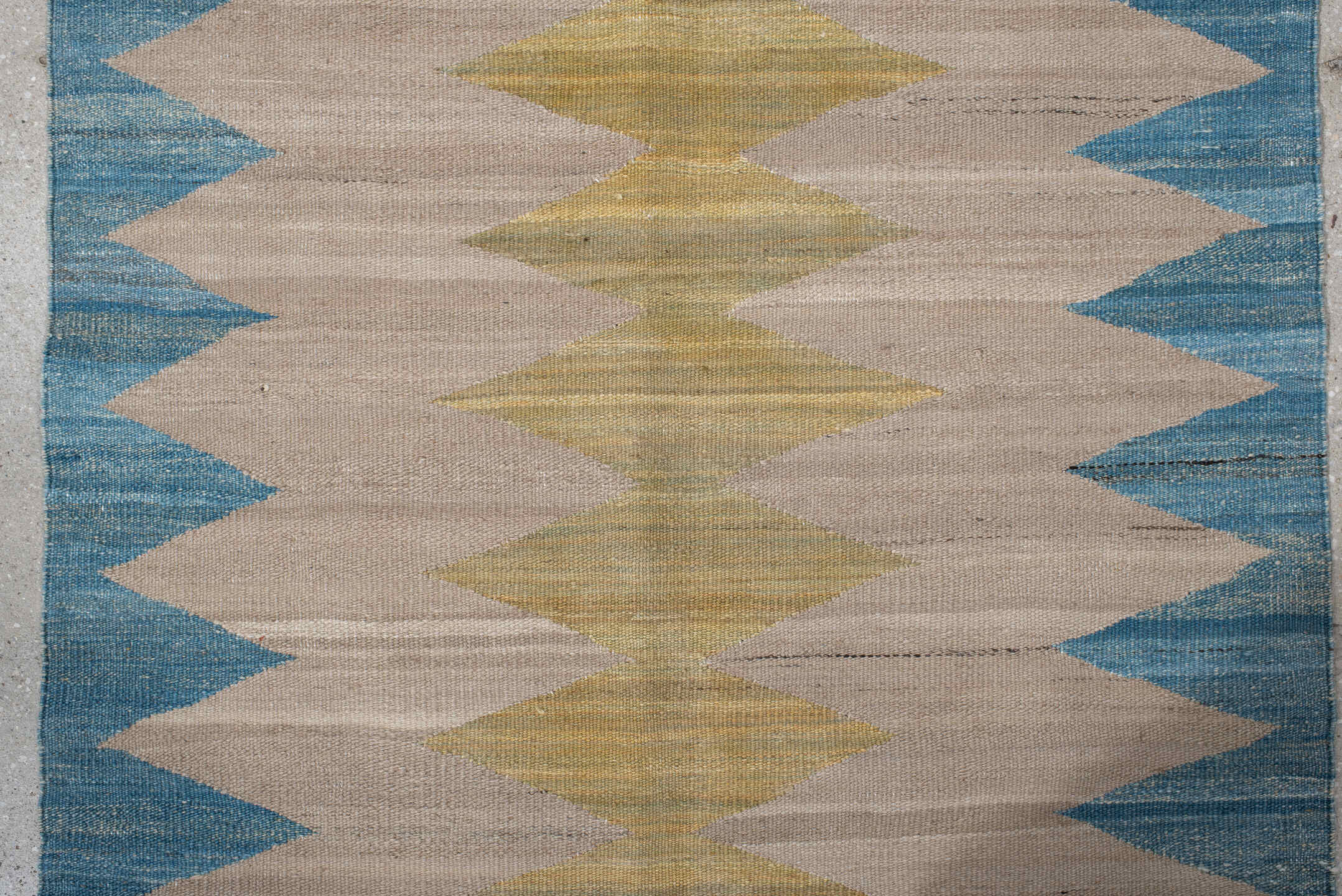 2' x 9' one-of-a-kind handmade vintage Kilim runner rug. Color palette: ivory, sky blue, gold, taupe, brown, light blue