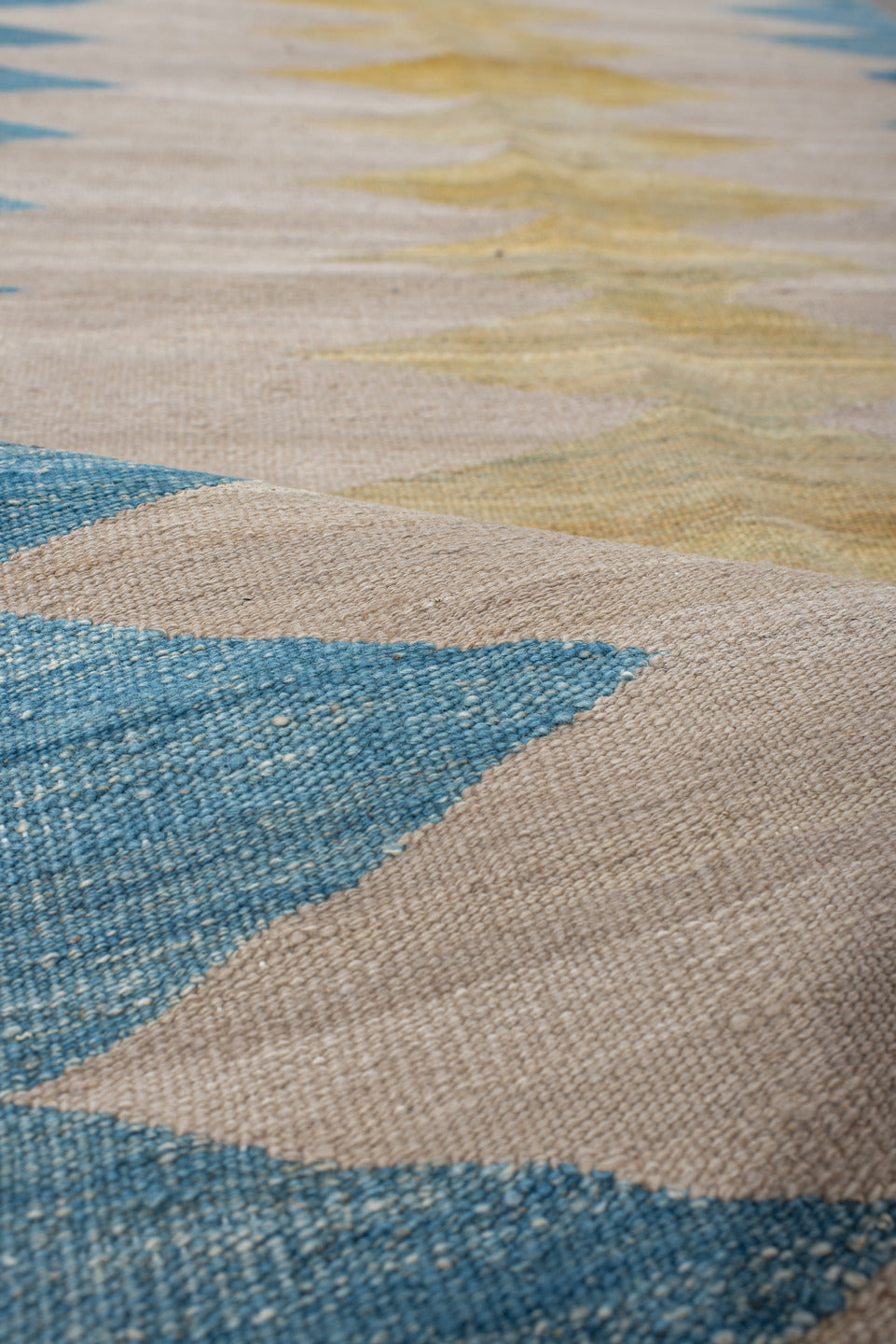 2' x 9' one-of-a-kind handmade vintage Kilim runner rug. Color palette: ivory, sky blue, gold, taupe, brown, light blue