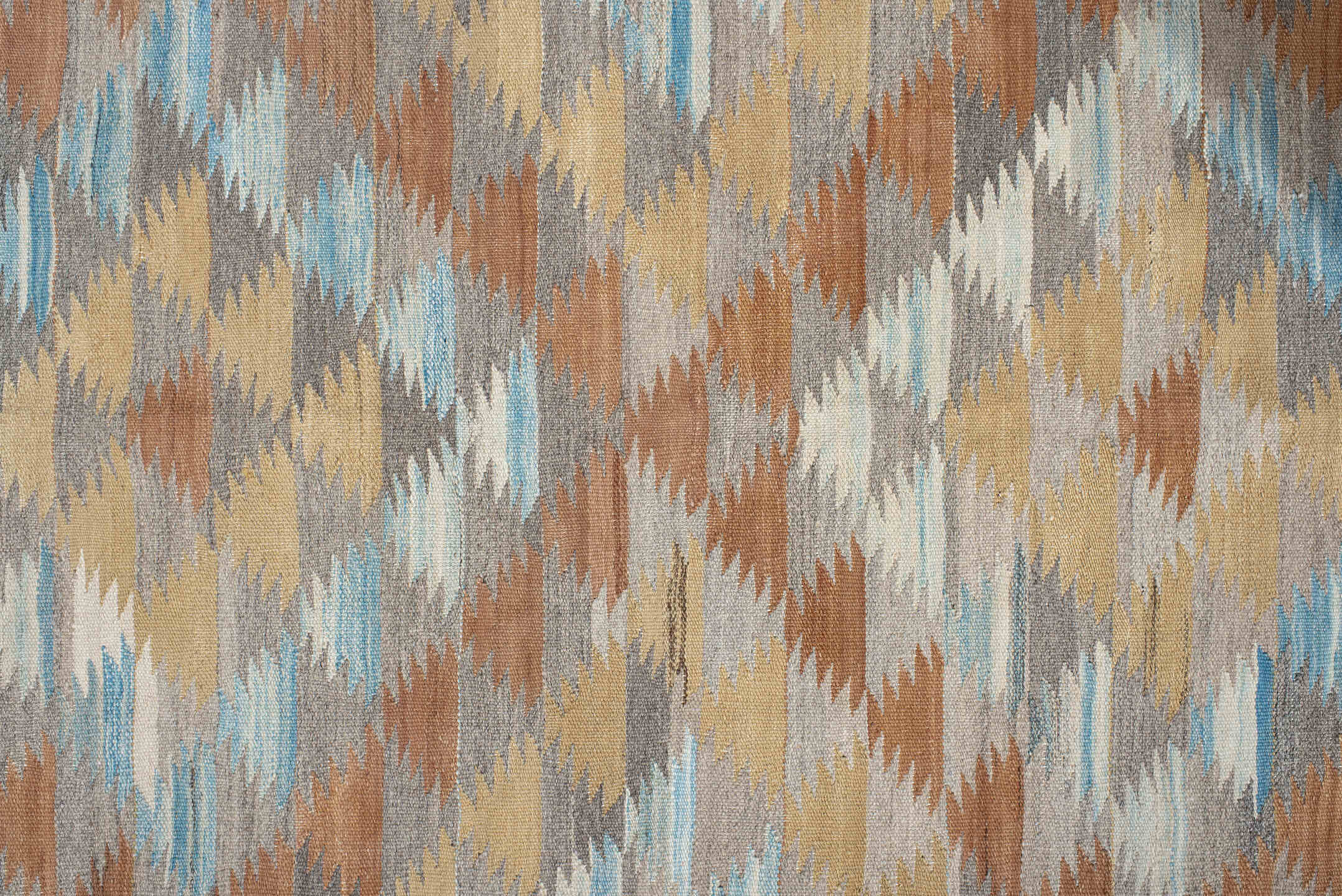 3' x 9' one-of-a-kind handmade vintage Kilim runner rug. Color palette: blue, brown, dark gray, gray, light blue, light gray