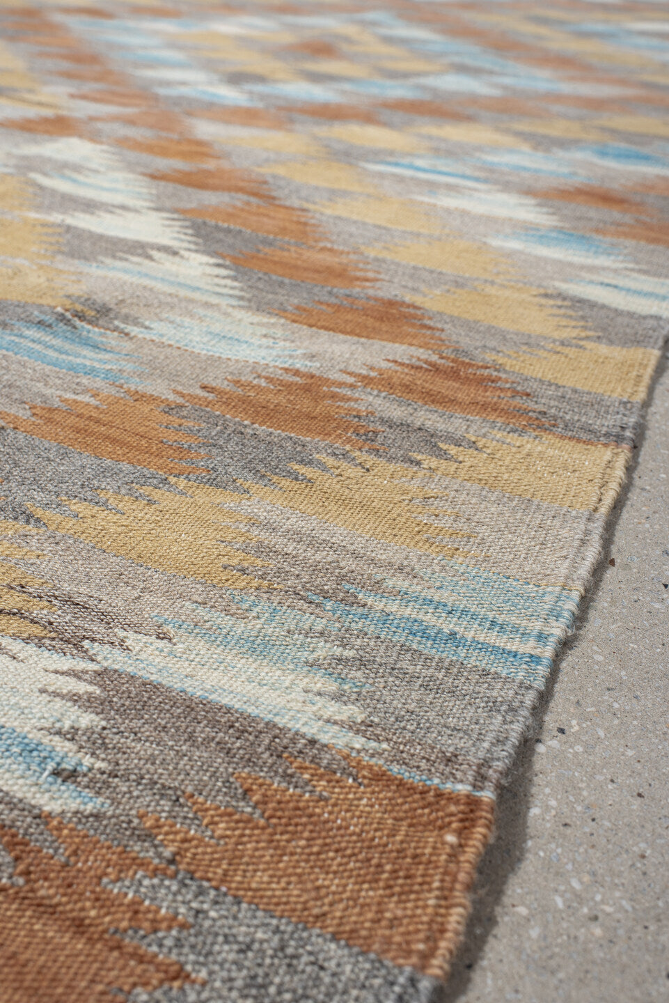 3' x 9' one-of-a-kind handmade vintage Kilim runner rug. Color palette: blue, brown, dark gray, gray, light blue, light gray