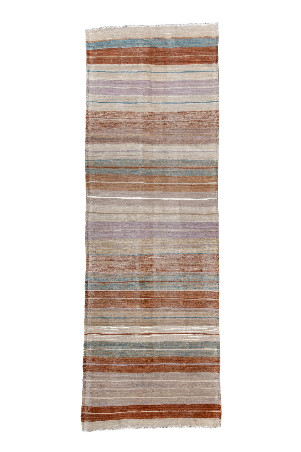 3' x 9' one-of-a-kind handmade vintage Kilim runner rug. Color palette: brown, gainsboro, gray, light gray, off-white, pink