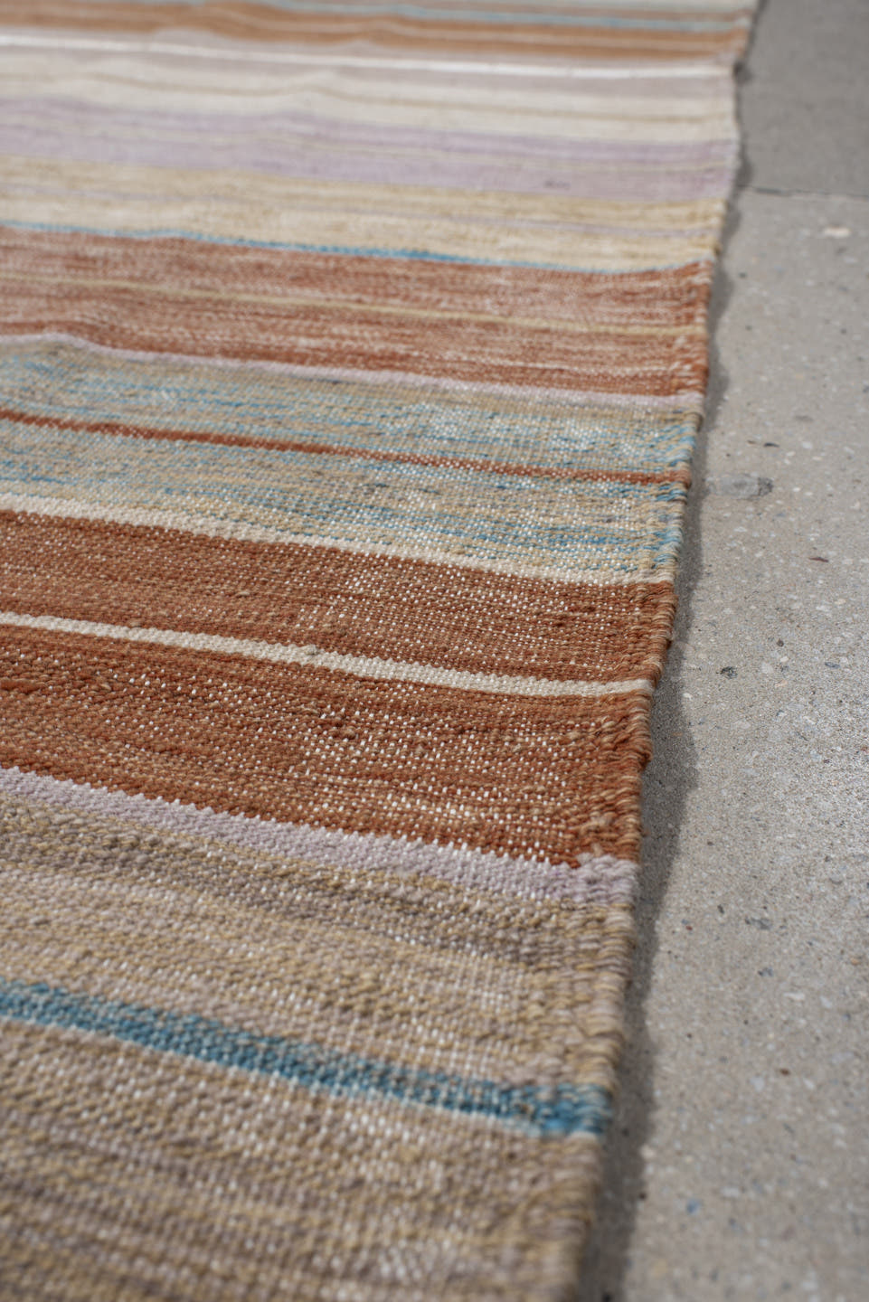 3' x 9' one-of-a-kind handmade vintage Kilim runner rug. Color palette: ivory, rust, taupe, sky_blue, lavender, beige