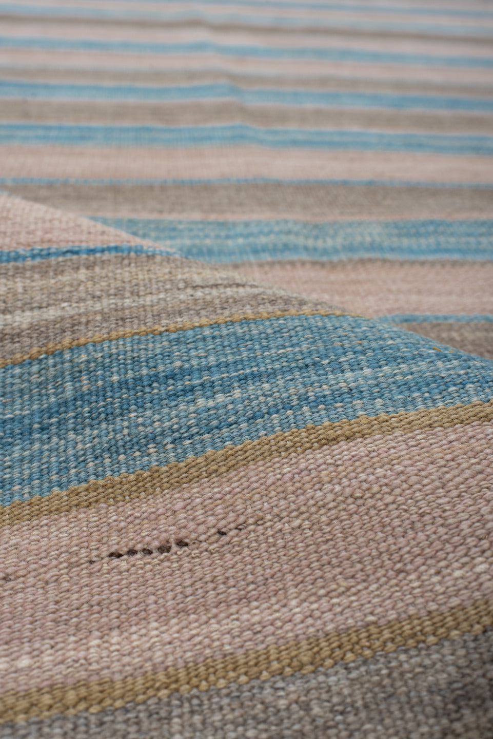 3' x 11' one-of-a-kind handmade vintage Kilim runner rug. Color palette: blue, brown, dark gray, dim gray, gainsboro, gray