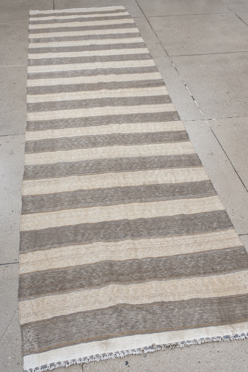 3' x 11' one-of-a-kind handmade vintage Kilim runner rug. Color palette: ivory, taupe, gray, cream, beige