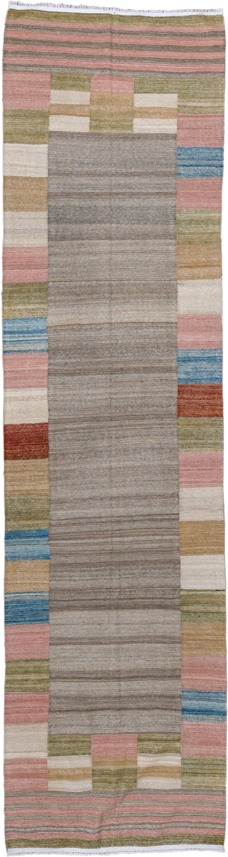 3' x 12' one-of-a-kind handmade vintage Kilim runner rug. Color palette: taupe, blush, olive, ivory, sky_blue, camel, rust