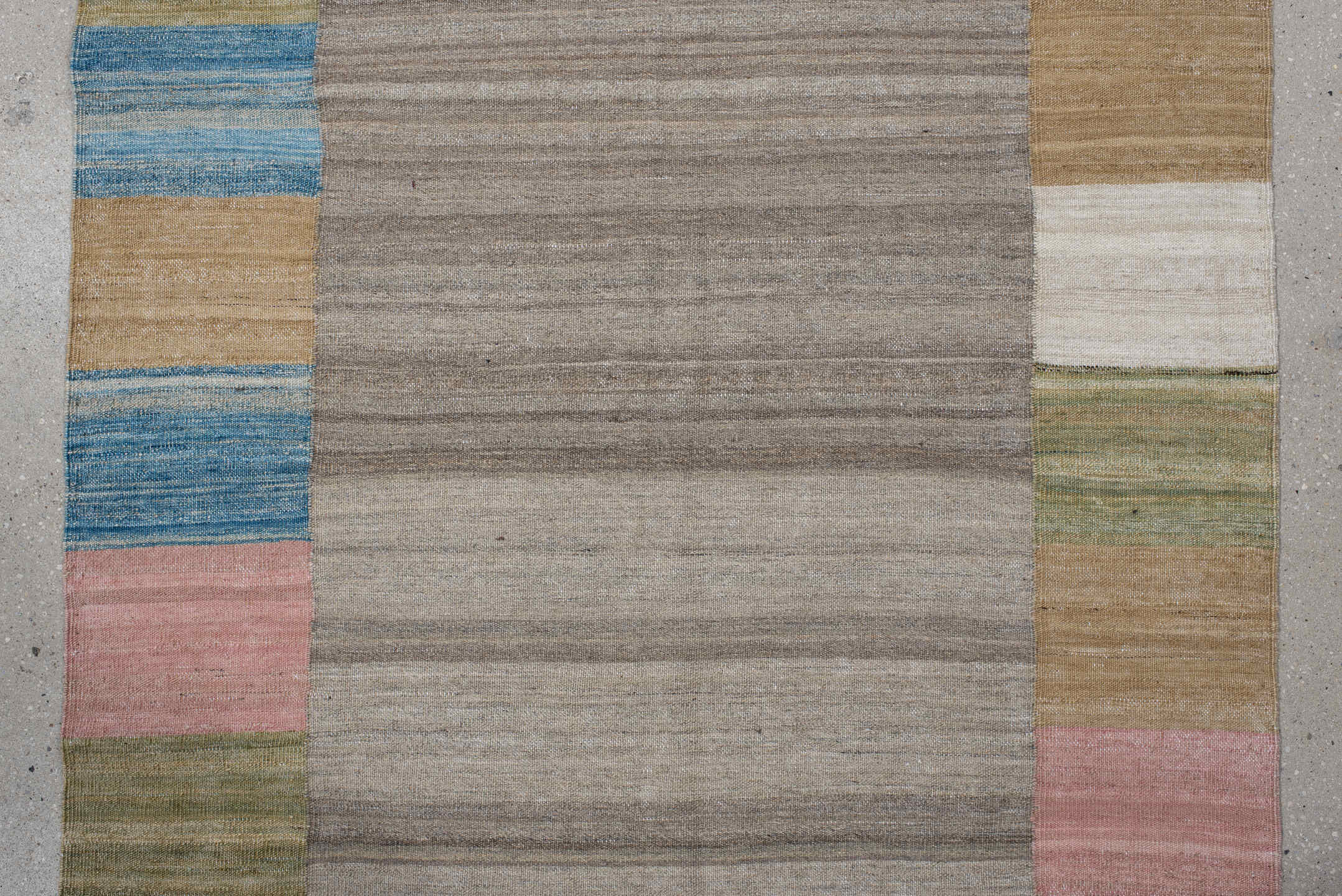 3' x 12' one-of-a-kind handmade vintage Kilim runner rug. Color palette: taupe, blush, olive, ivory, sky_blue, camel, rust