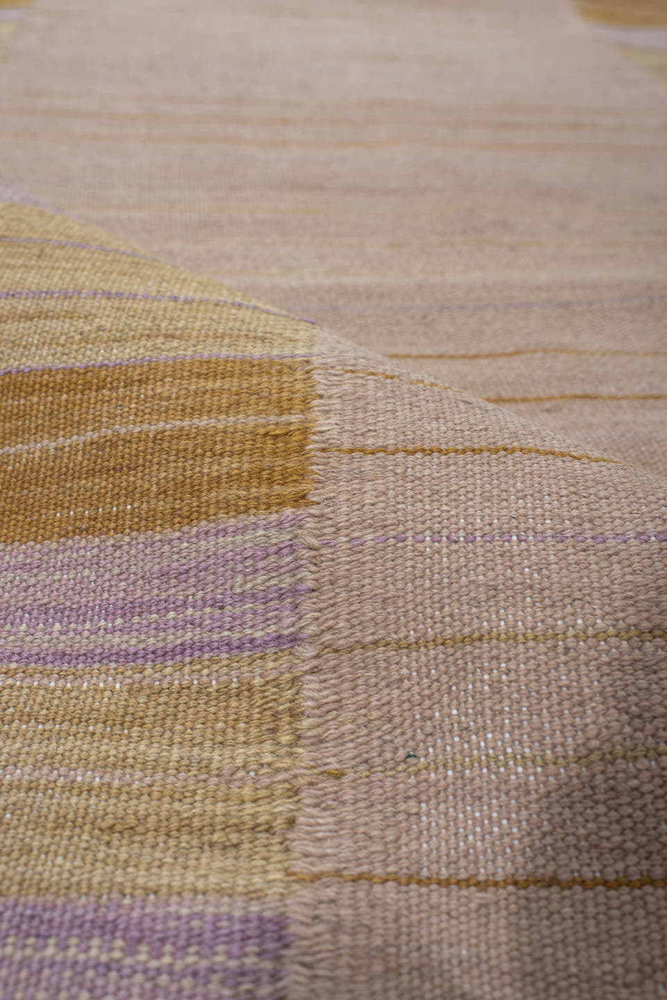 2' x 10' one-of-a-kind handmade vintage Kilim runner rug. Color palette: blush, gold, ivory, lavender, beige, pink