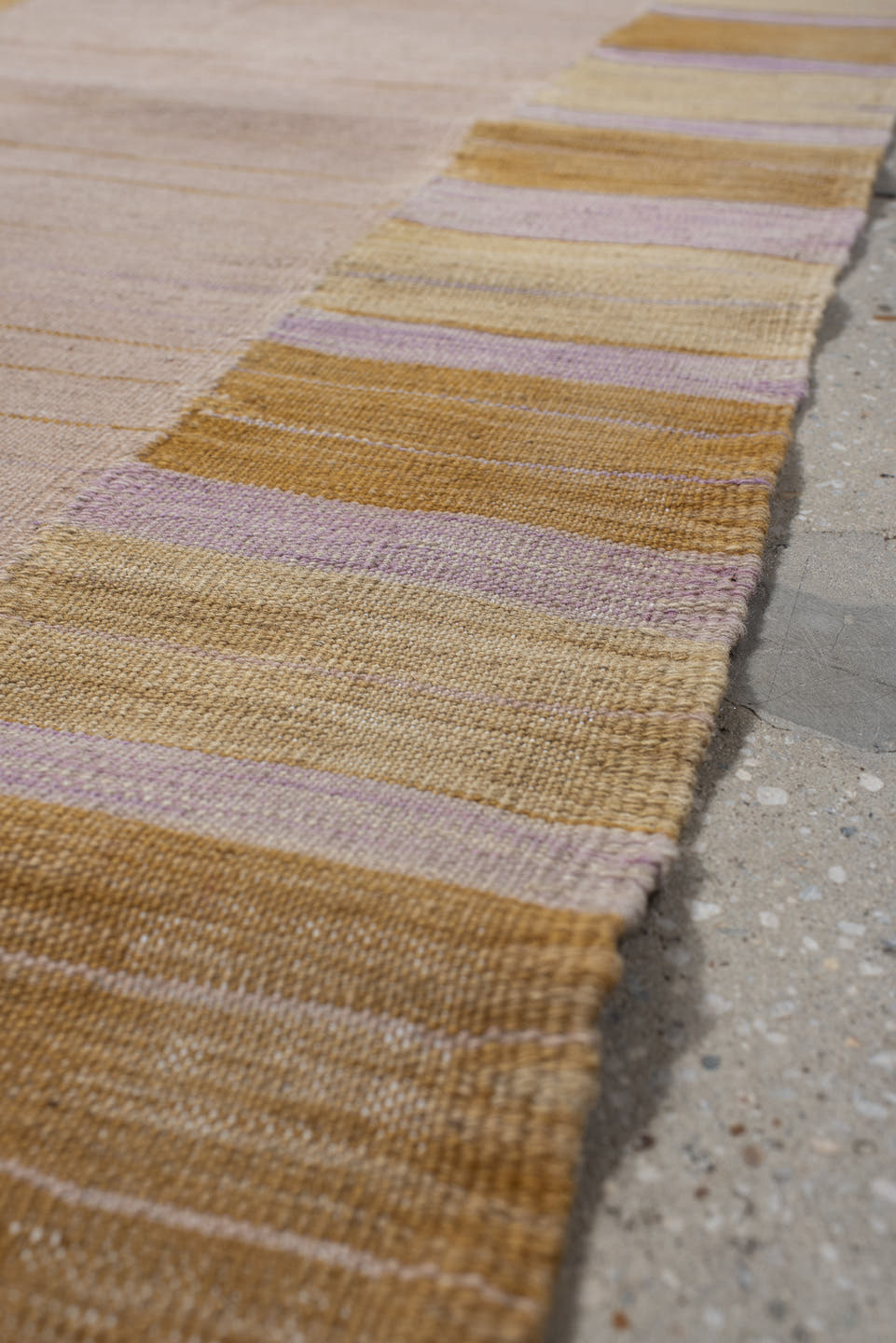 2' x 10' one-of-a-kind handmade vintage Kilim runner rug. Color palette: blush, gold, ivory, lavender, beige, pink
