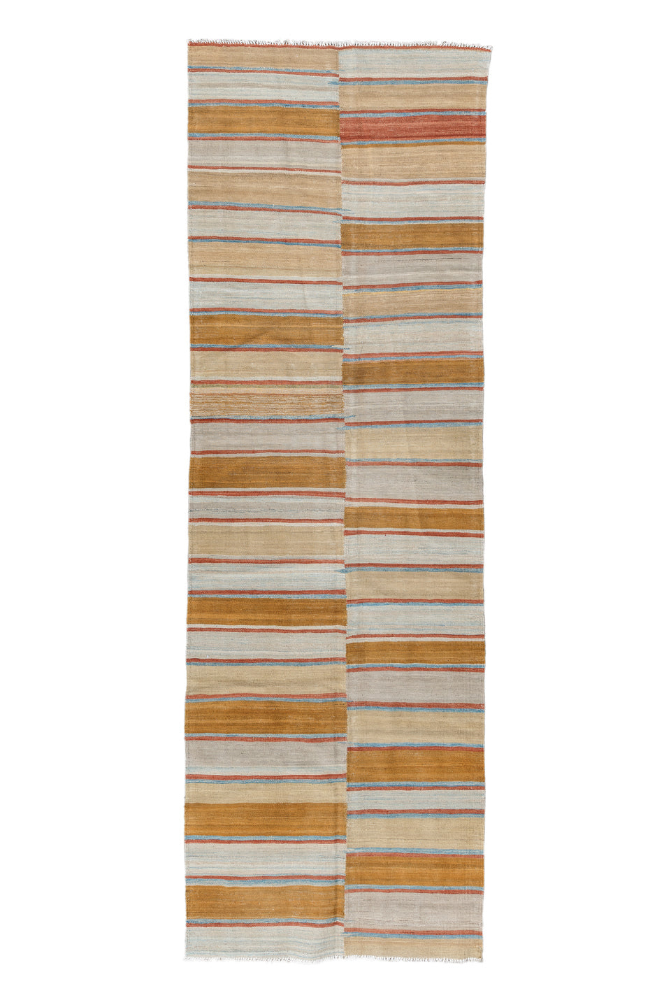 3' x 10' one-of-a-kind handmade vintage Kilim runner rug. Color palette: brown, dark gray, gainsboro, gray, light gray