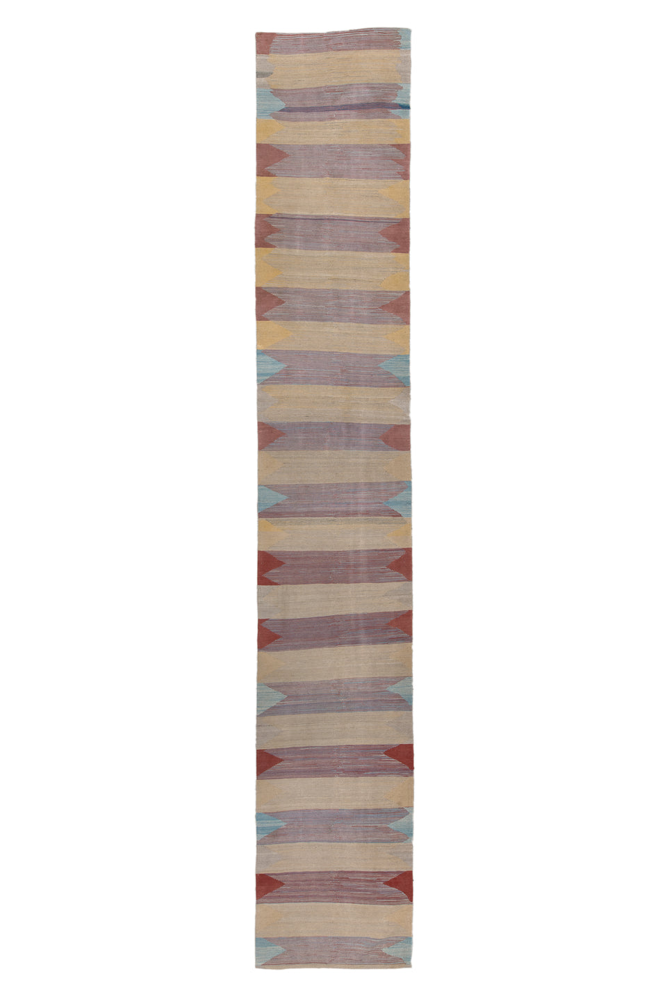 3' x 18' one-of-a-kind handmade vintage Kilim runner rug. Color palette: gray, pink, brown, red, blue, light gray, off-white