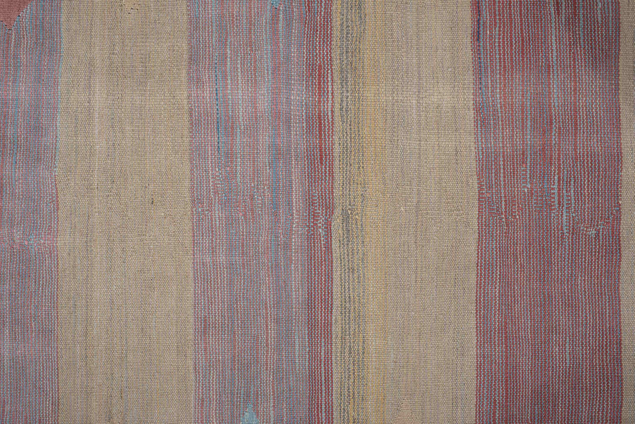 3' x 18' one-of-a-kind handmade vintage Kilim runner rug. Color palette: gray, pink, brown, red, blue, light gray, off-white