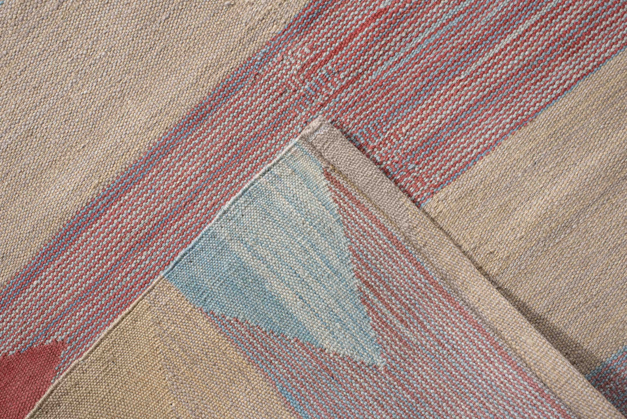 3' x 18' one-of-a-kind handmade vintage Kilim runner rug. Color palette: blue, brown, gray, light gray, off-white, pink, red