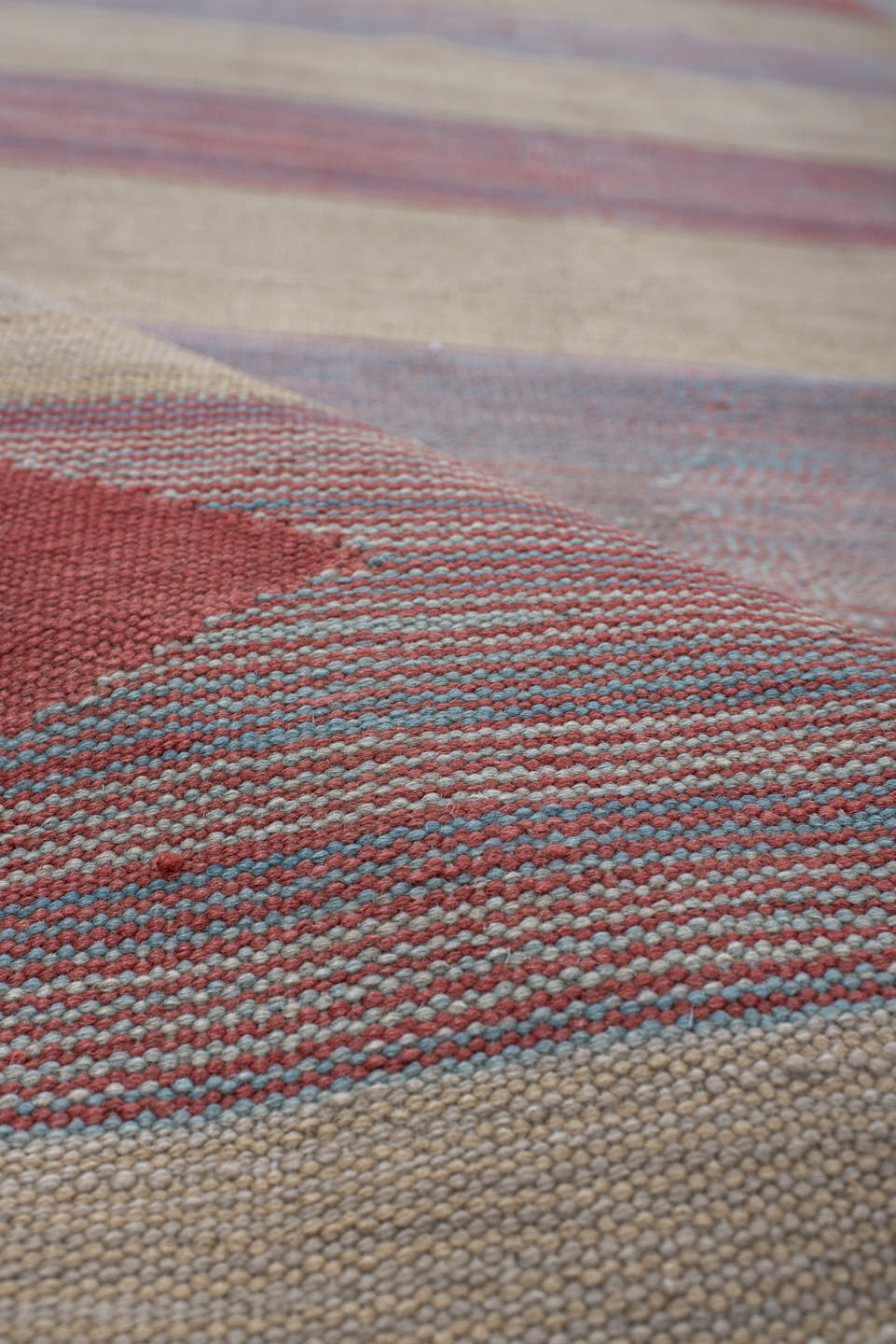 3' x 18' one-of-a-kind handmade vintage Kilim runner rug. Color palette: ivory, dusty rose, muted gold, brick red, pale aqua