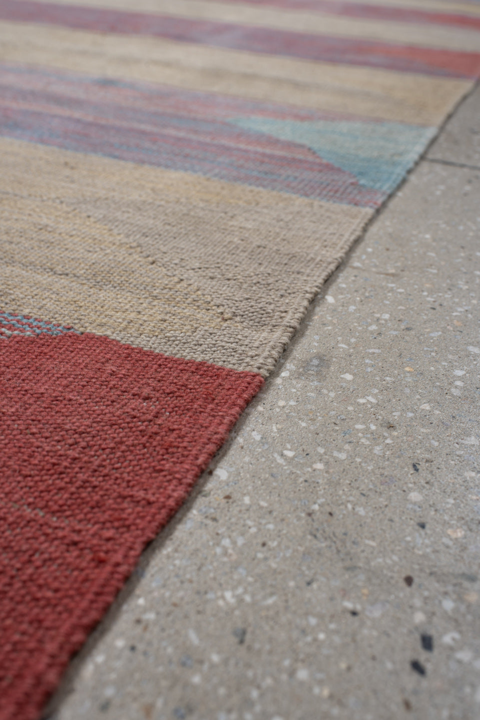 3' x 18' one-of-a-kind handmade vintage Kilim runner rug. Color palette: ivory, dusty rose, muted gold, brick red, pale aqua